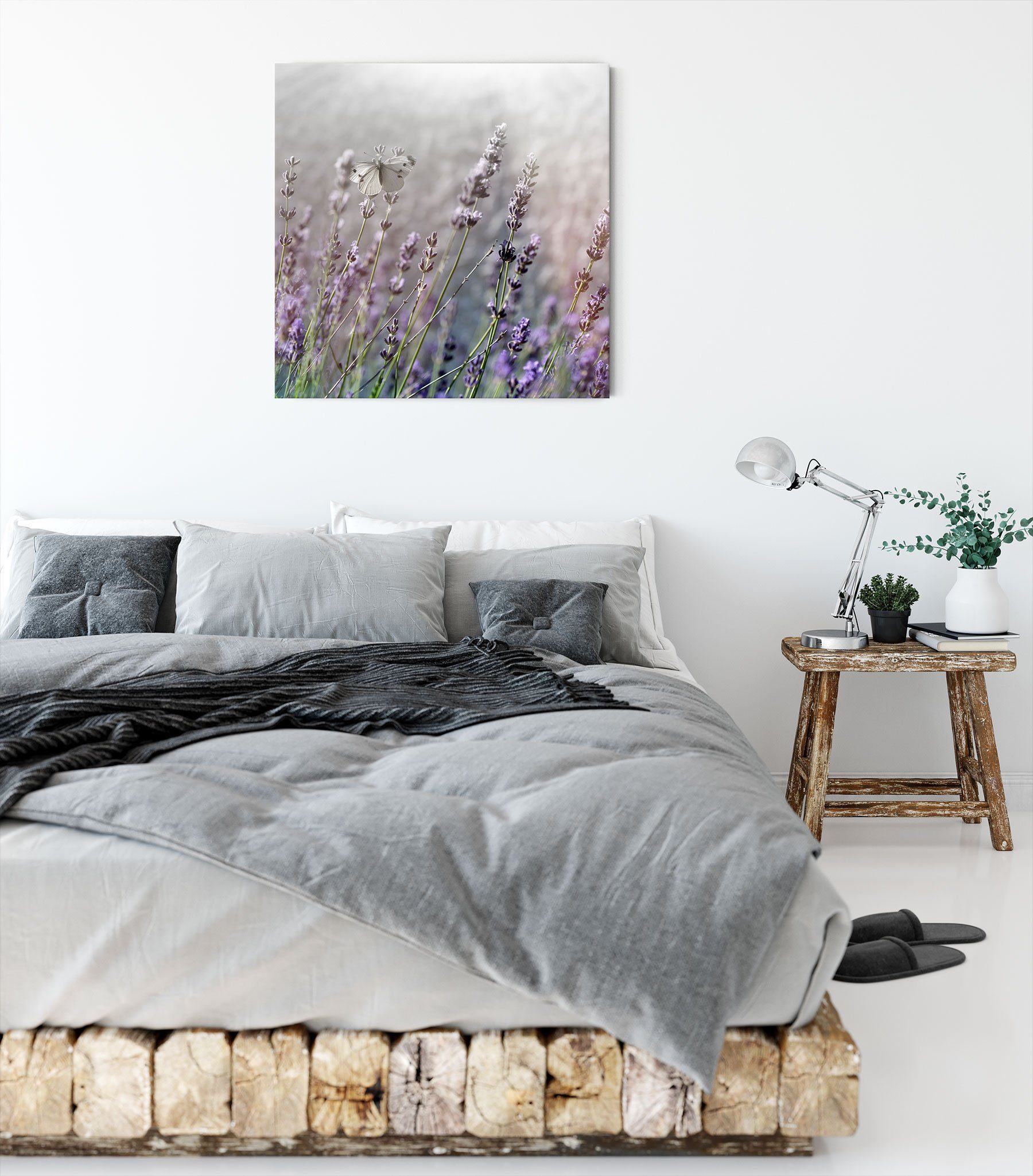 Lavendelblumen Leinwandbild fertig inkl. auf Leinwandbild Schmetterlinge auf bespannt, (1 Pixxprint Schmetterlinge St), Lavendelblumen, Zackenaufhänger