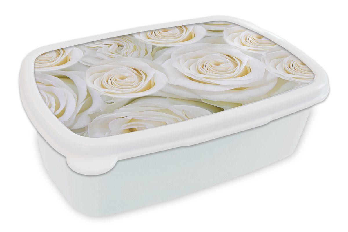 MuchoWow Lunchbox Blumen - Rosen - Weiß, Kunststoff, (2-tlg), Brotbox für Kinder und Erwachsene, Brotdose, für Jungs und Mädchen