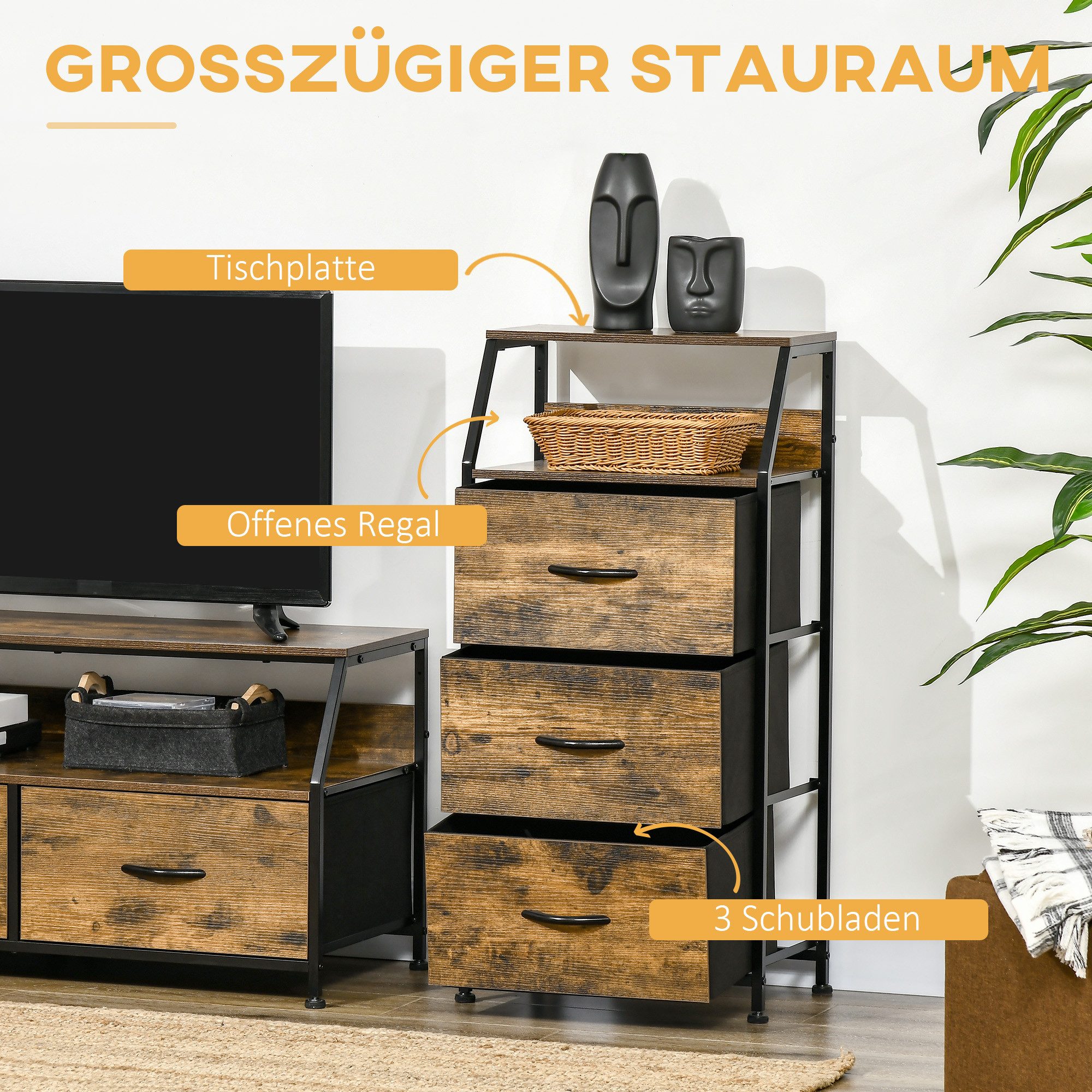 HOMCOM Kommode Aufbewahrungsschrank mit 3 Schubladen, Ablage mit Stahlgestell (Lagerschrank aus Stoff mit Ausstellungsregalen, 1 St., mit Regal, Griff), für Woh – Bild 4 von 5