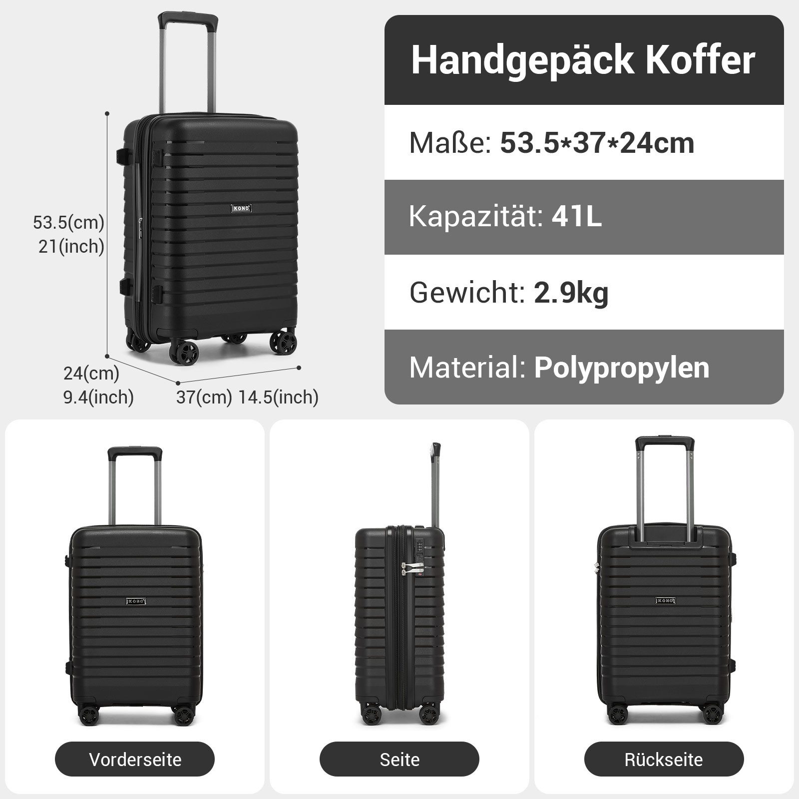 KONO Koffer Hardschale-Kabinentrolley aus Kratzfestem PP mit Becherhalter
