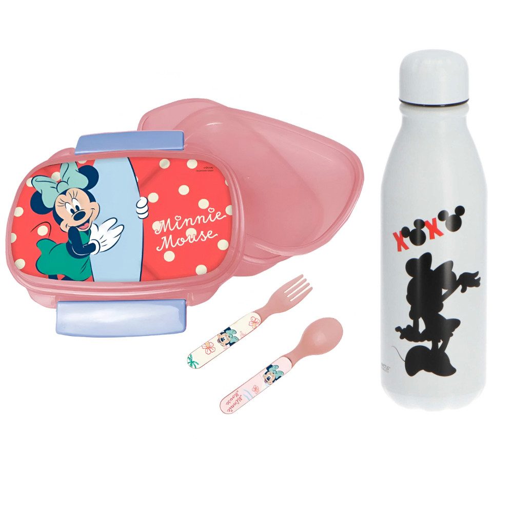 Disney Lunchbox Disney Minnie Maus 4 teiliges Lunch Set, Kunststoff Alu, (4-tlg), Brotdose Alu-Trinkflasche - Löffel Gabel