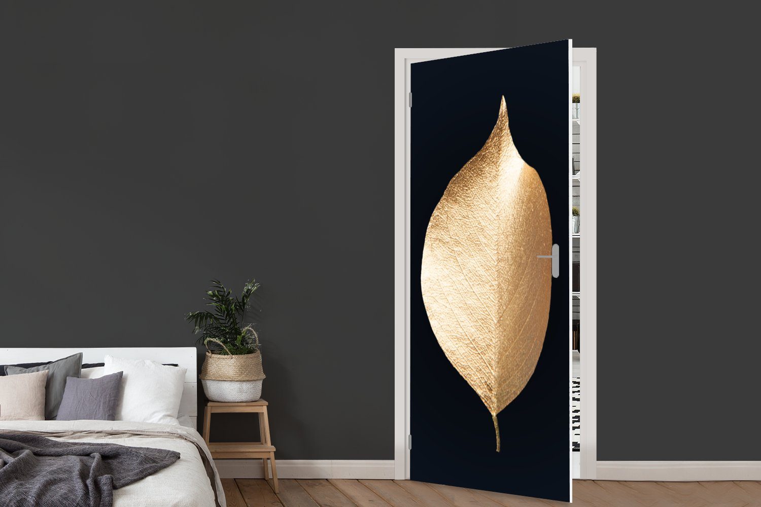 bedruckt, Blätter Tür, Gold Matt, - 75x205 für MuchoWow Luxus, Schwarz Fototapete Türaufkleber, St), cm Pflanzen Türtapete (1 - - -