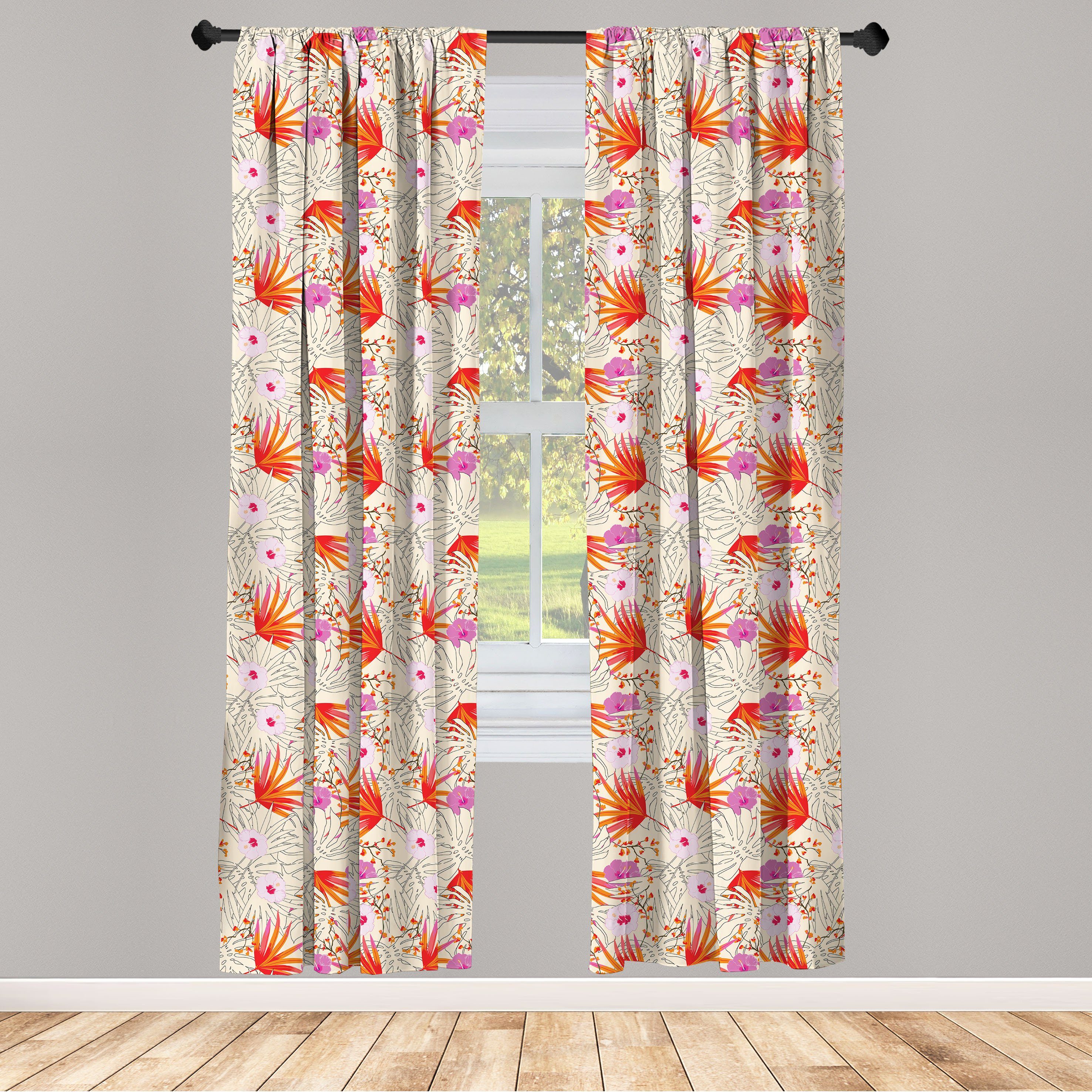 Gardine Vorhang für Wohnzimmer Schlafzimmer Dekor, Abakuhaus, Microfaser, Wald Pflanzen und Hibiskusblüten