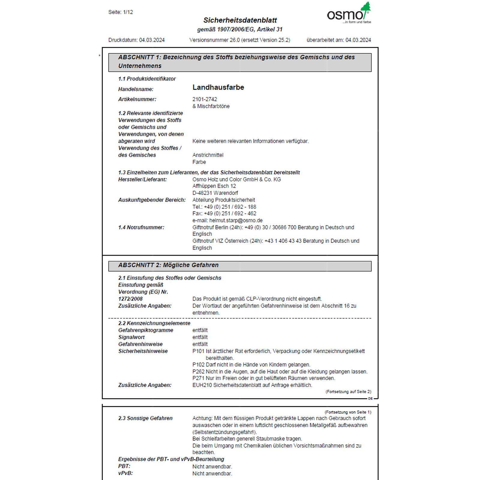 osmo Wetterschutzfarbe Landhausfarbe High Solid 2,5 LTR