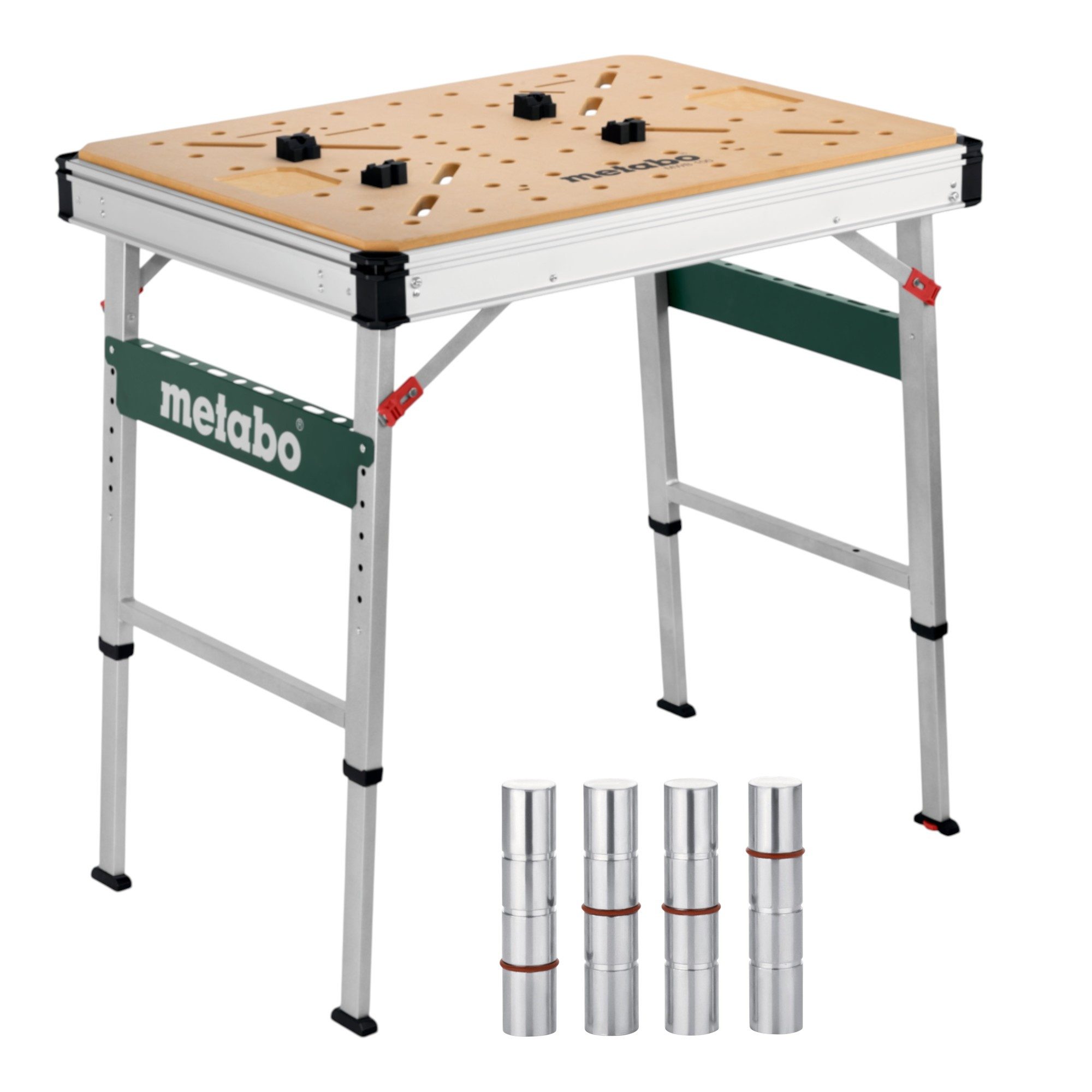 metabo Arbeitstisch MWB 100 Multifunktionstisch MDF-Tischplatte + 4 tlg. Bankhaken Set