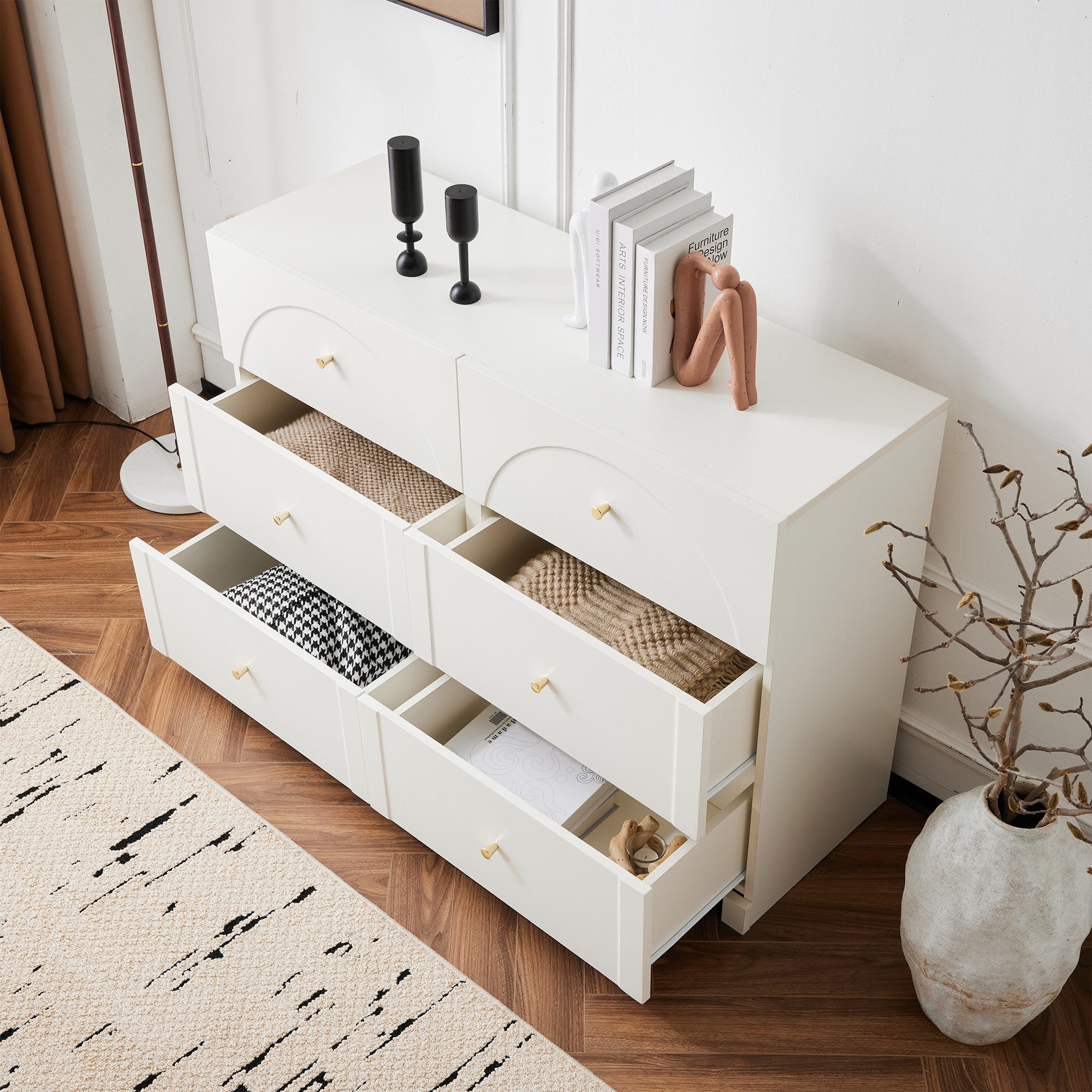 Flieks Kommode mit 6 Schubladen Weiß (Anrichte für Flur, Wohnzimmer und Schlafzimmer, 1 St., H82/B120/T40 cm), Sideboard Schubladenschrank mit 6 Stauraum Wohnzimmer