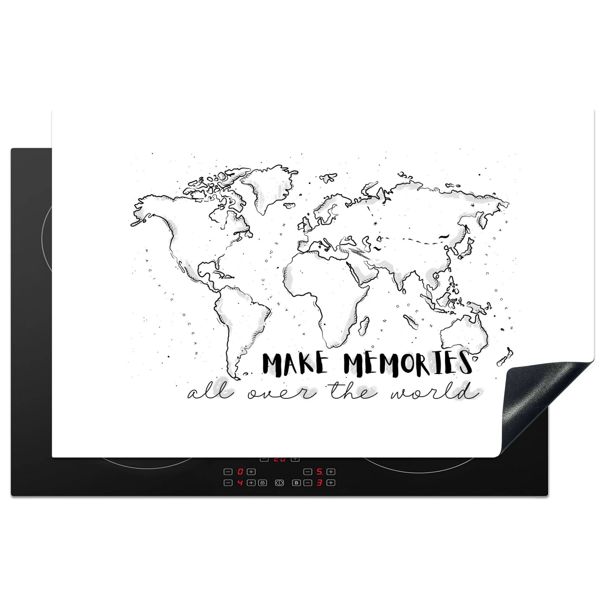 MuchoWow Herdblende-/Abdeckplatte Weltkarte - Zitat - Reisen, Vinyl, (1 tlg), 81x52 cm, Induktionskochfeld Schutz für die küche, Ceranfeldabdeckung