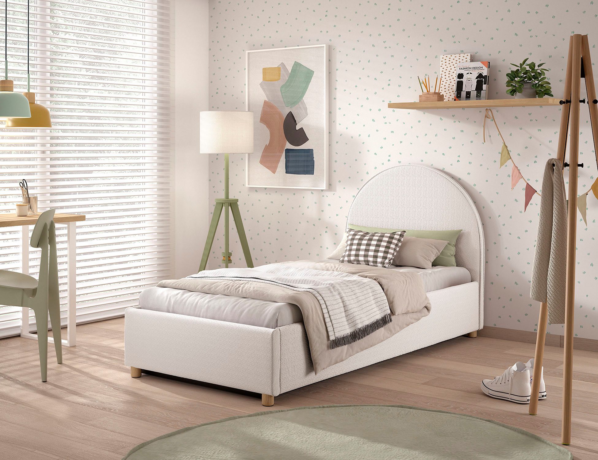 Vipack Boxbett Moon, mit Lattenrost und Stauraum, modernes Design (gerundetes Kopfteil und in 2 Breiten erhältlich), inkl. Massivholz Füßen in natur, 3 Stoff Farben zur Auswahl