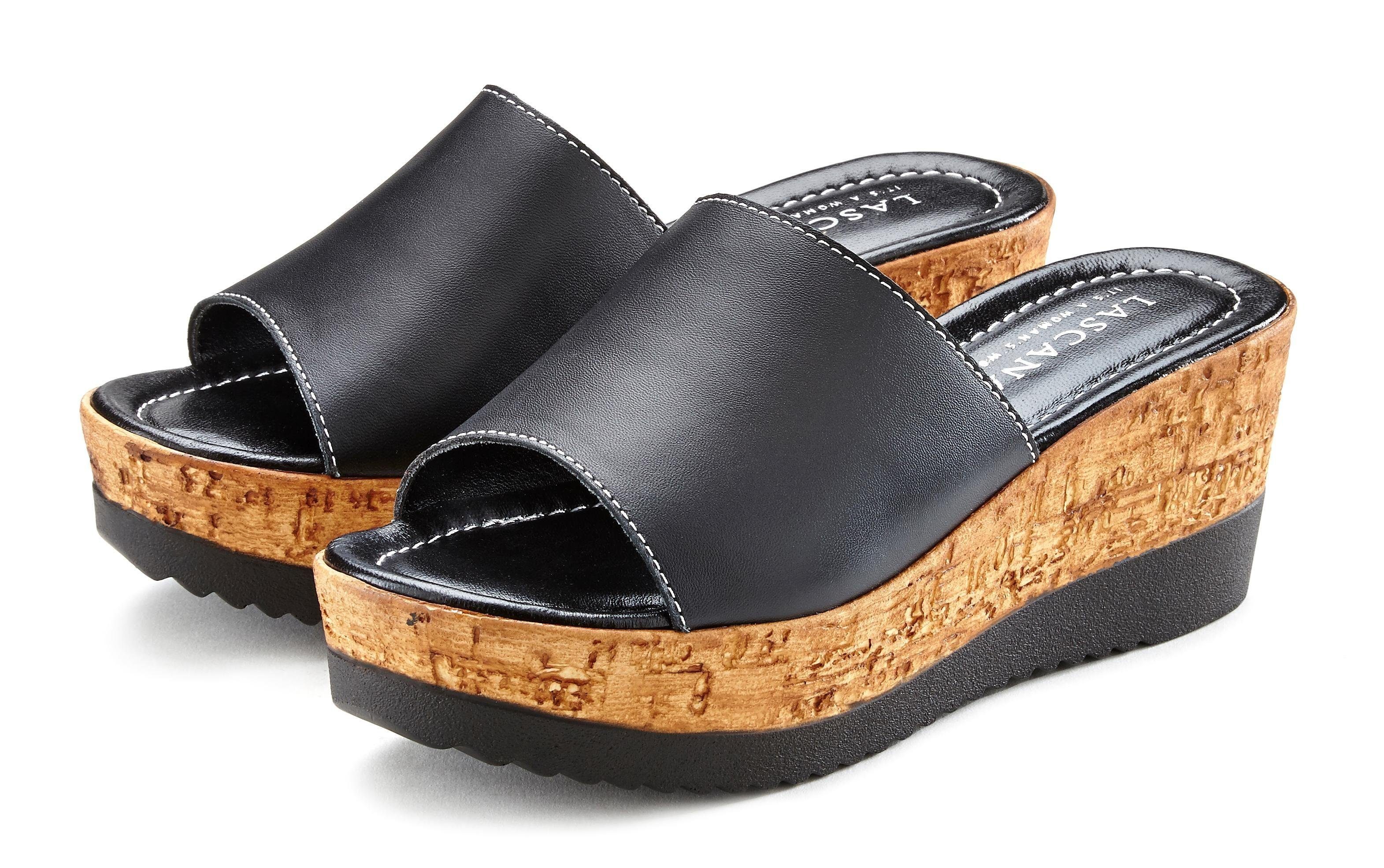 Sandale, LASCANA schwarz offener Pantolette mit Schuh Leder Mule, aus Keilabsatz