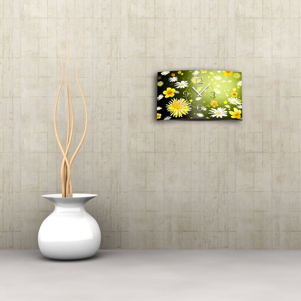dixtime Wanduhr gelb weiße Wanduhren 4mm 3D-Optik Blumen aus (Einzigartige Designer modernes Wanduhr Alu-Dibond) leise Design