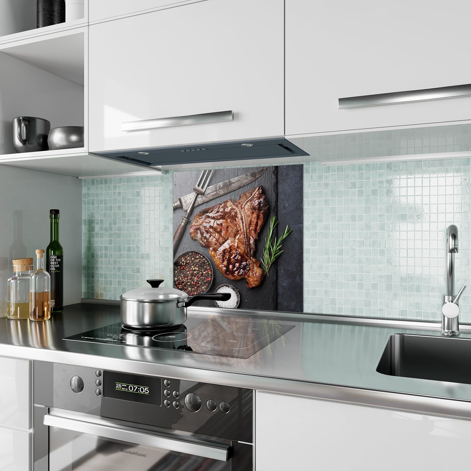 Motiv Spritzschutz Steak T-Bone Primedeco mit Küchenrückwand Glas Küchenrückwand Gegrilltes
