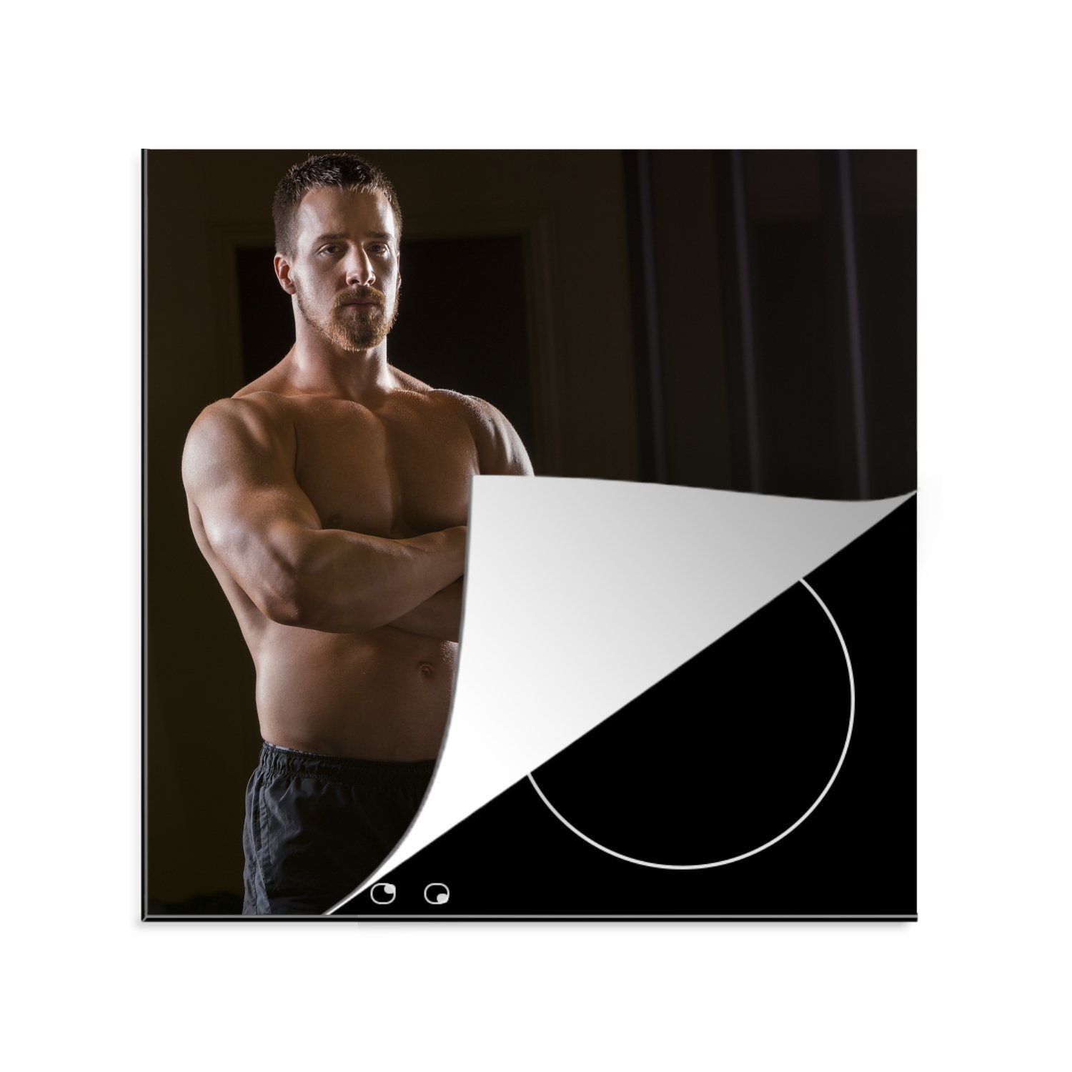 MuchoWow Herdblende-/Abdeckplatte Foto eines muskulösen Mannes im Fitnessstudio, Vinyl, (1 tlg), 78x78 cm, Ceranfeldabdeckung, Arbeitsplatte für küche