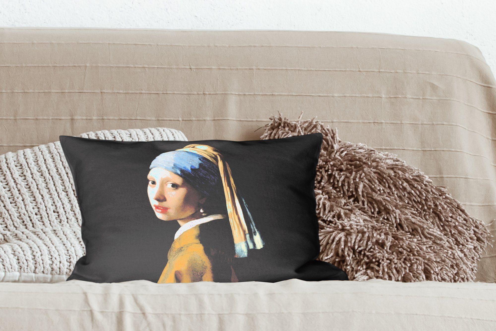 Dekoration, MuchoWow Dekokissen Zierkissen, Vermeer, - - Mädchen - Füllung, Schlafzimmer Meister Gemälde Perlenohrring Alte Wohzimmer mit Dekokissen mit