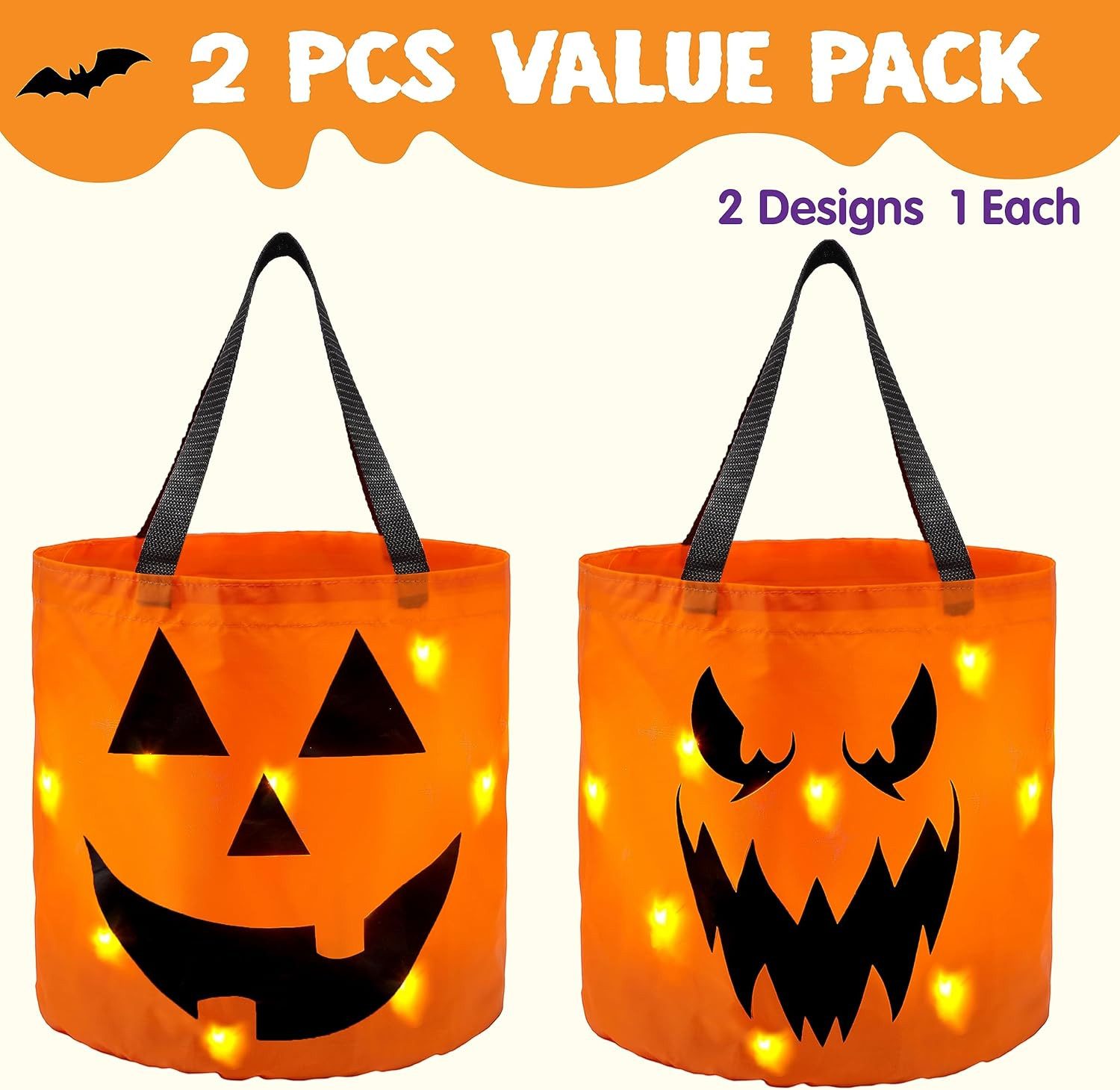 JOYIN Geschenk-Tragetasche JOYIN 2 Halloween Süßigkeiten-Tüten mit LED, orange wiederverwendbar – Bild 2 von 5