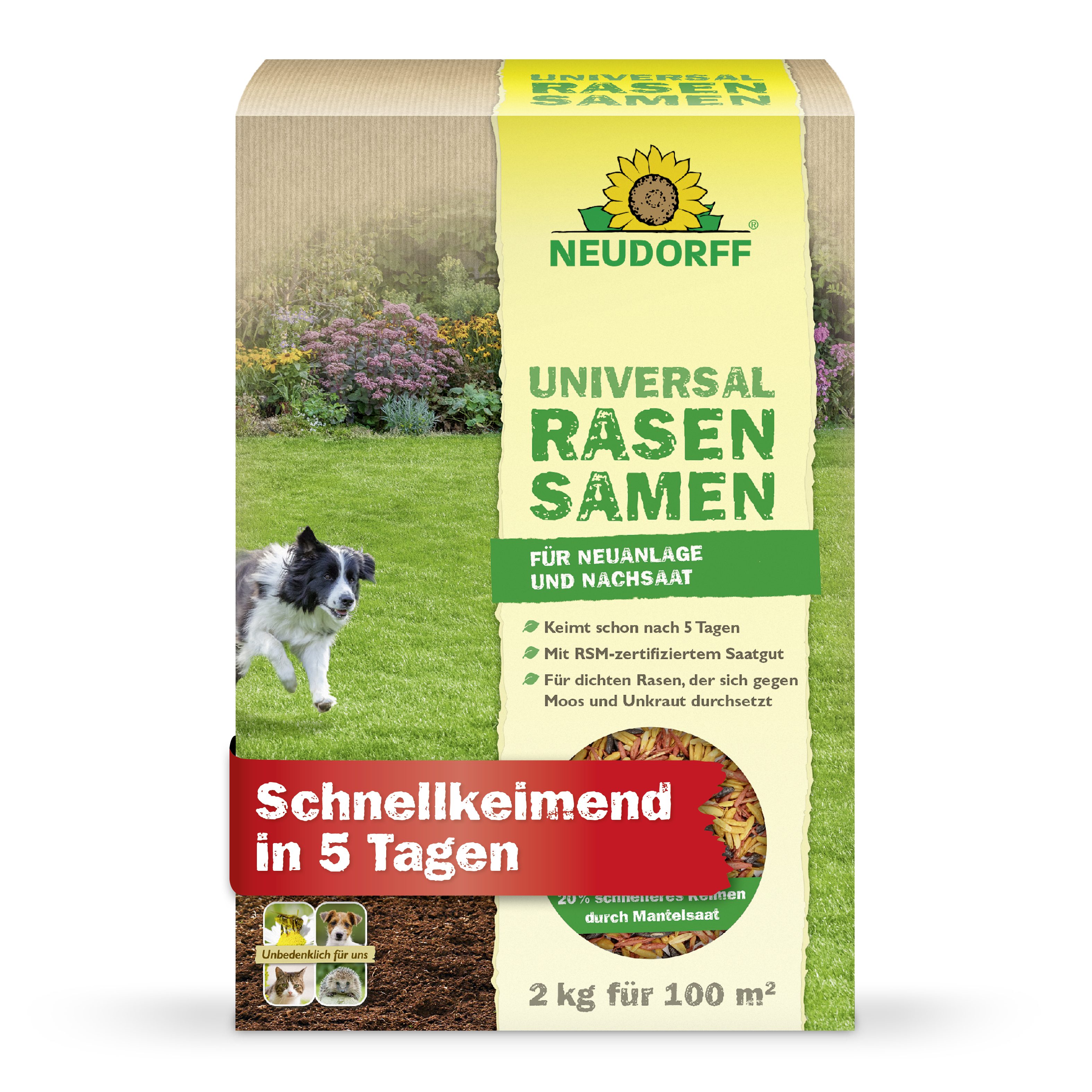 Neudorff Rasensamen Universal RasenSamen für Garten 2 kg für 100m² - schnellkeimend, Rasen Samen aus 9 Saatgut-Sorten