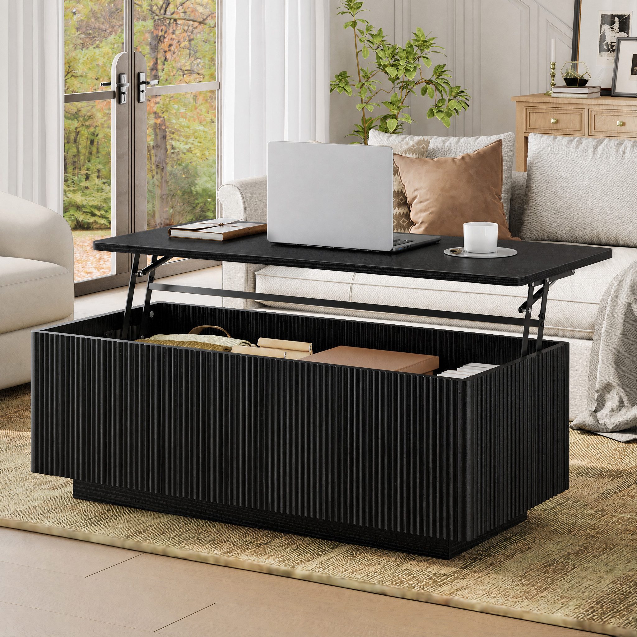 FABATO Couchtisch Lift-Couchtisch 106 cm mit großem verstecktem Stauraum (1-St., aufklappbar, Holz-Optik, Mid-Century-Modern-Stil, für Ihr Sofa), rechteckiges Fluted-Design mit abgerundeten Ecken