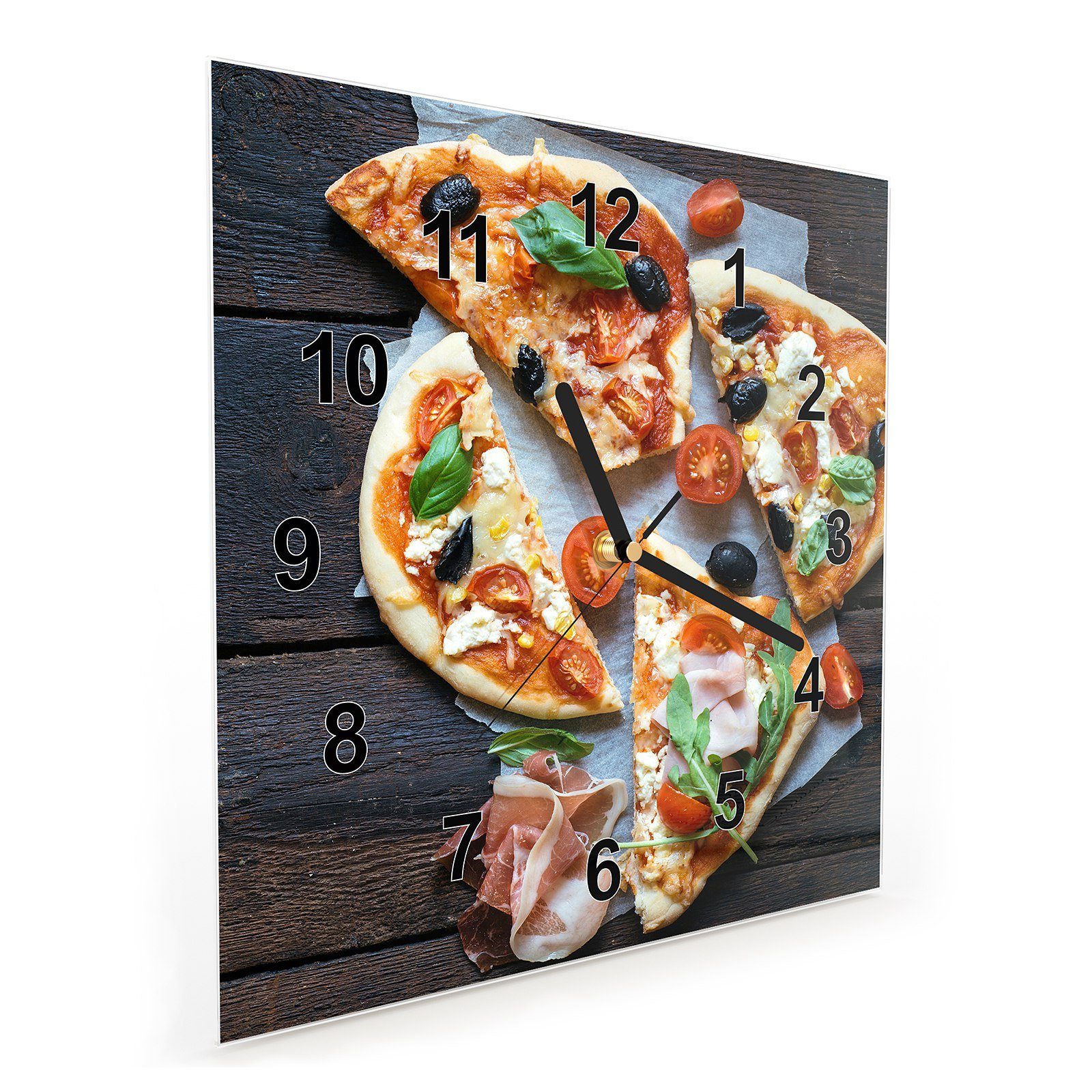 Wanduhr mit 30 Primedeco cm x Wanduhr Größe 30 Motiv Pizzastücke Wandkunst Glasuhr