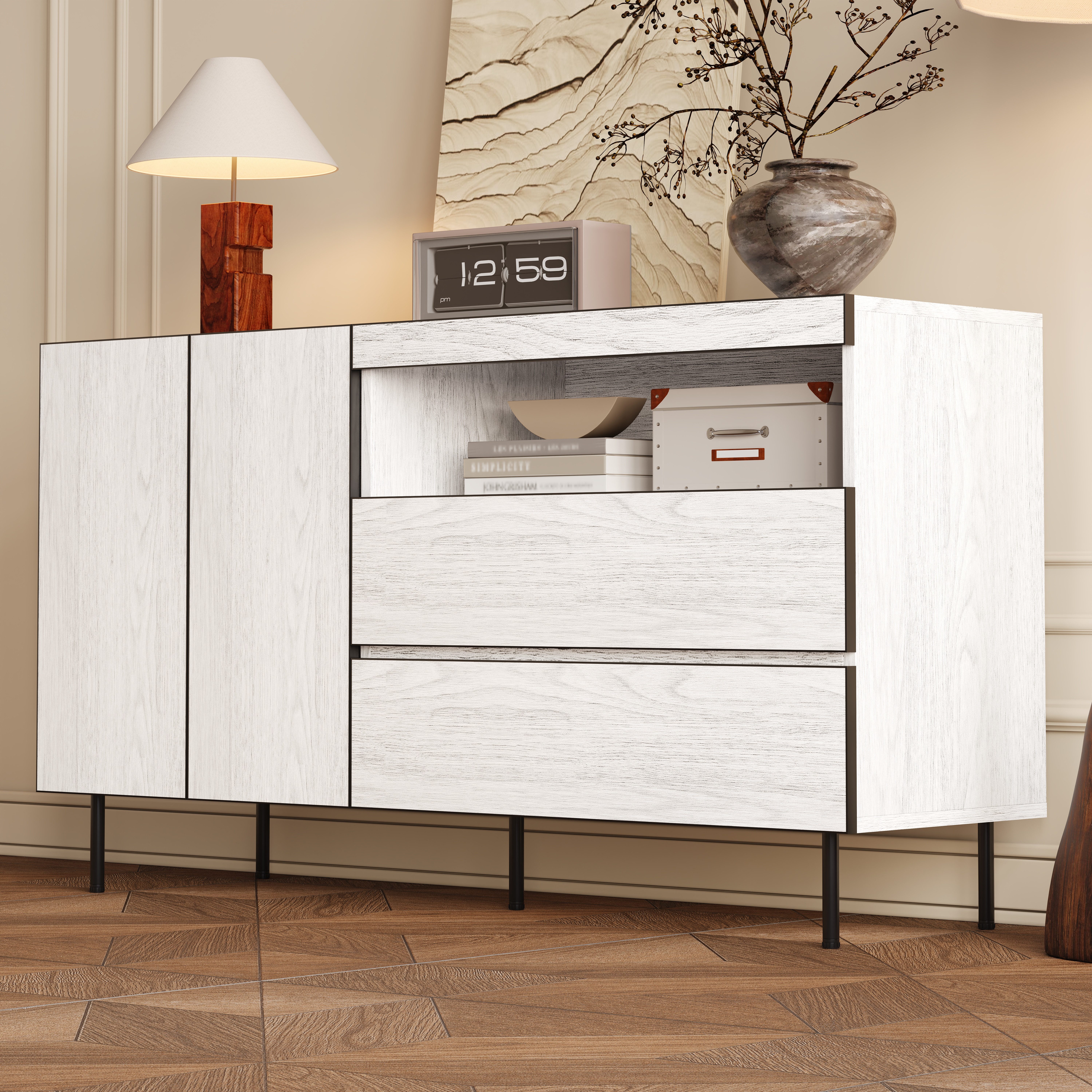 Merax Sideboard Aufbewahrungsmöbel Buffetschrank Wohnzimmerschrank (1 St), Kommode mit Doppeltüren, Offenen Regalen & Stauraum, 140x42x77cm