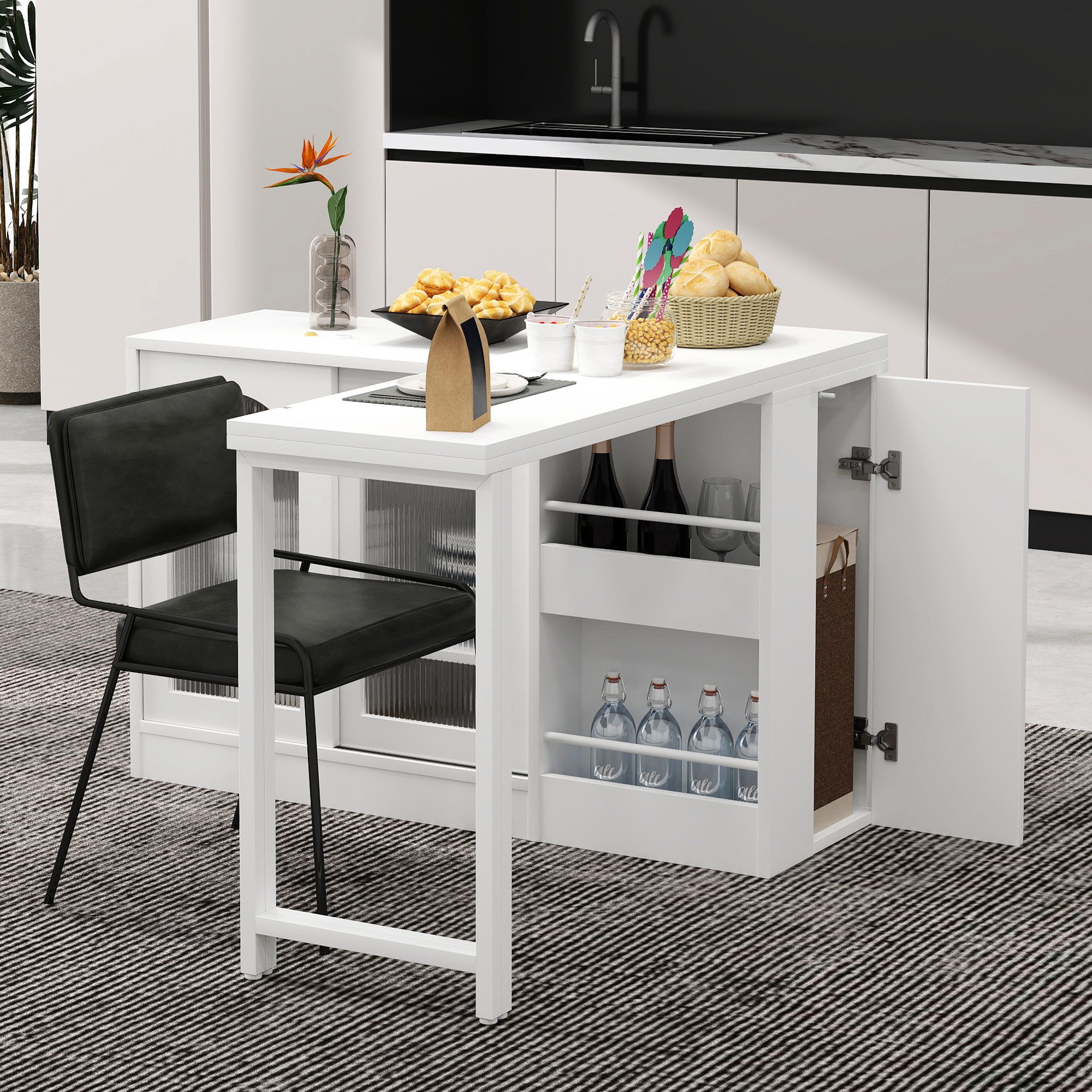Flieks Sideboard mit 360° drehbar Tisch und verstellbarer Einlegeböden 2-in-1 (2 St., klappbare Tischplatte T40-80 cm), erweiterbarer Esstisch & Mehrzweckschrank mit Glasschiebetüren Weiß