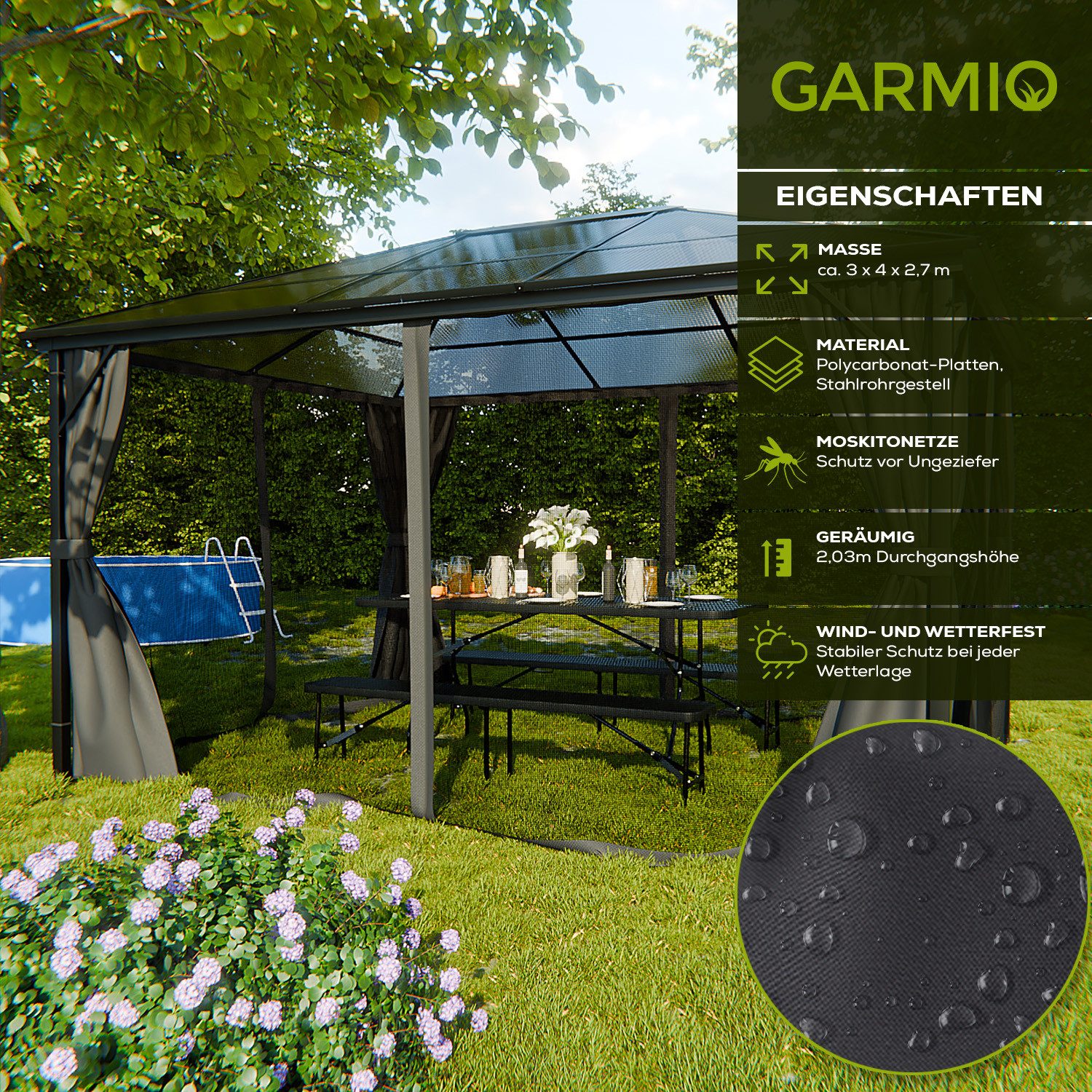 GARMIO Pavillon Pavillon mit Überdachung, Metallgestell Rom mit 4 Säulen, (solide, fest, mit Vorhang, mit Mückennetz, 2,7m Höhe, Zubehör zur Montage, 3x4m, Pavillon schwarz), wasserdicht, UV-Schutz, mit Polycarbonat Platten