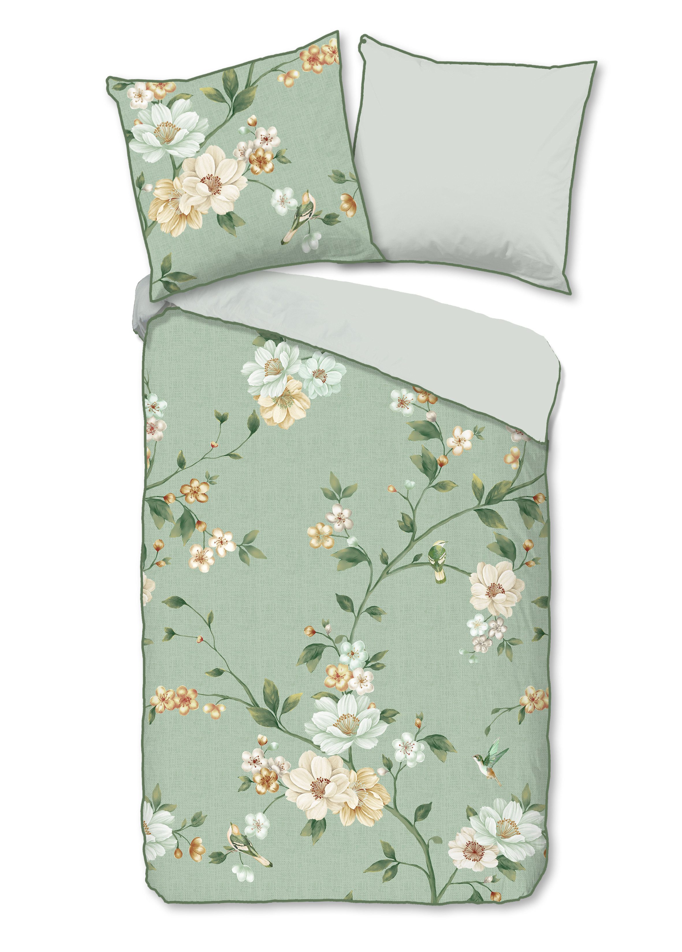 Descanso Bettwäsche Bettwäsche 155x220 + 1 x 80x80 cm Mako Satin Sizena Blumen grün, Mako Satin, 2 teilig, 1 x Bettbezug 155 x 220 cm + 1 x Kissenbezug 80 x 80 cm grün