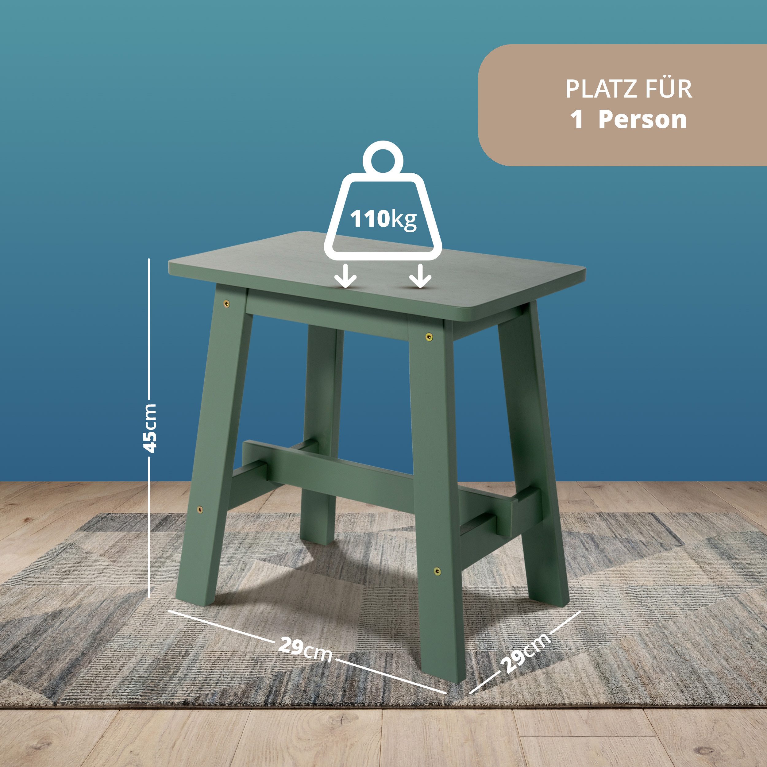 KHG Hocker Dekohocker Grün für eine Person, Skandi Look, bis 200 kg belastbar, lackiert, pflegeleicht, Massivholzgestell