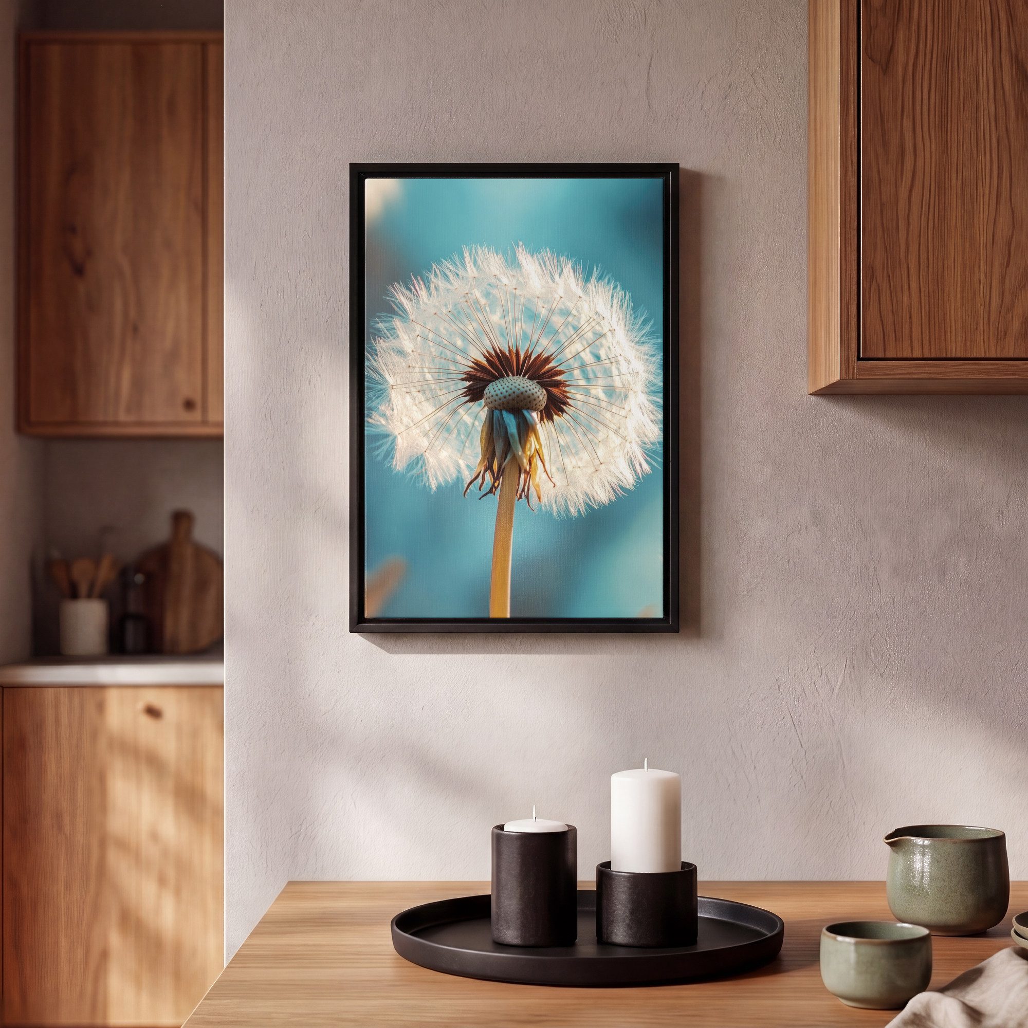OneMillionCanvasses® Leinwandbild mit Rahmen - Löwenzahn - Natur - Blumen - Blau, Fotodruck (1 St), Deko für Wohnzimmer Schlafzimmer Küche 20x30cm