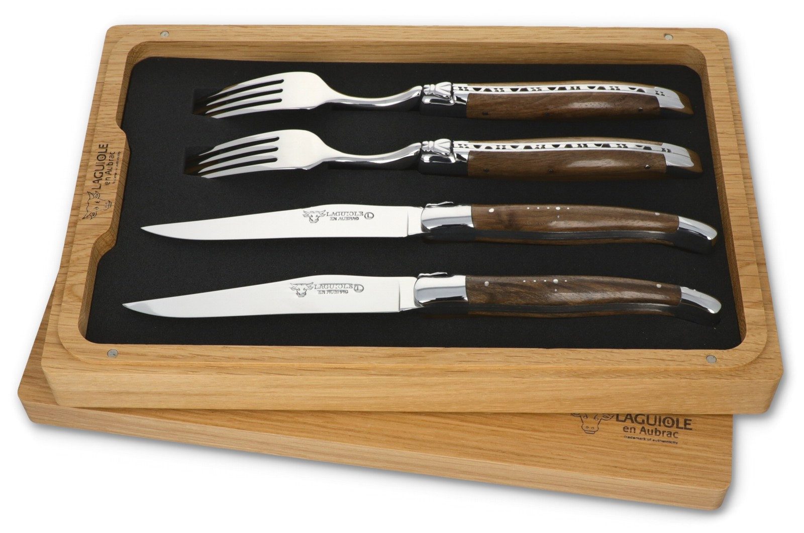 Laguiole en Aubrac Steakbesteck CCF99NOIH BRI, 2 Messer / 2 Gabeln - Griff Nussbaum - Stahl glänzend