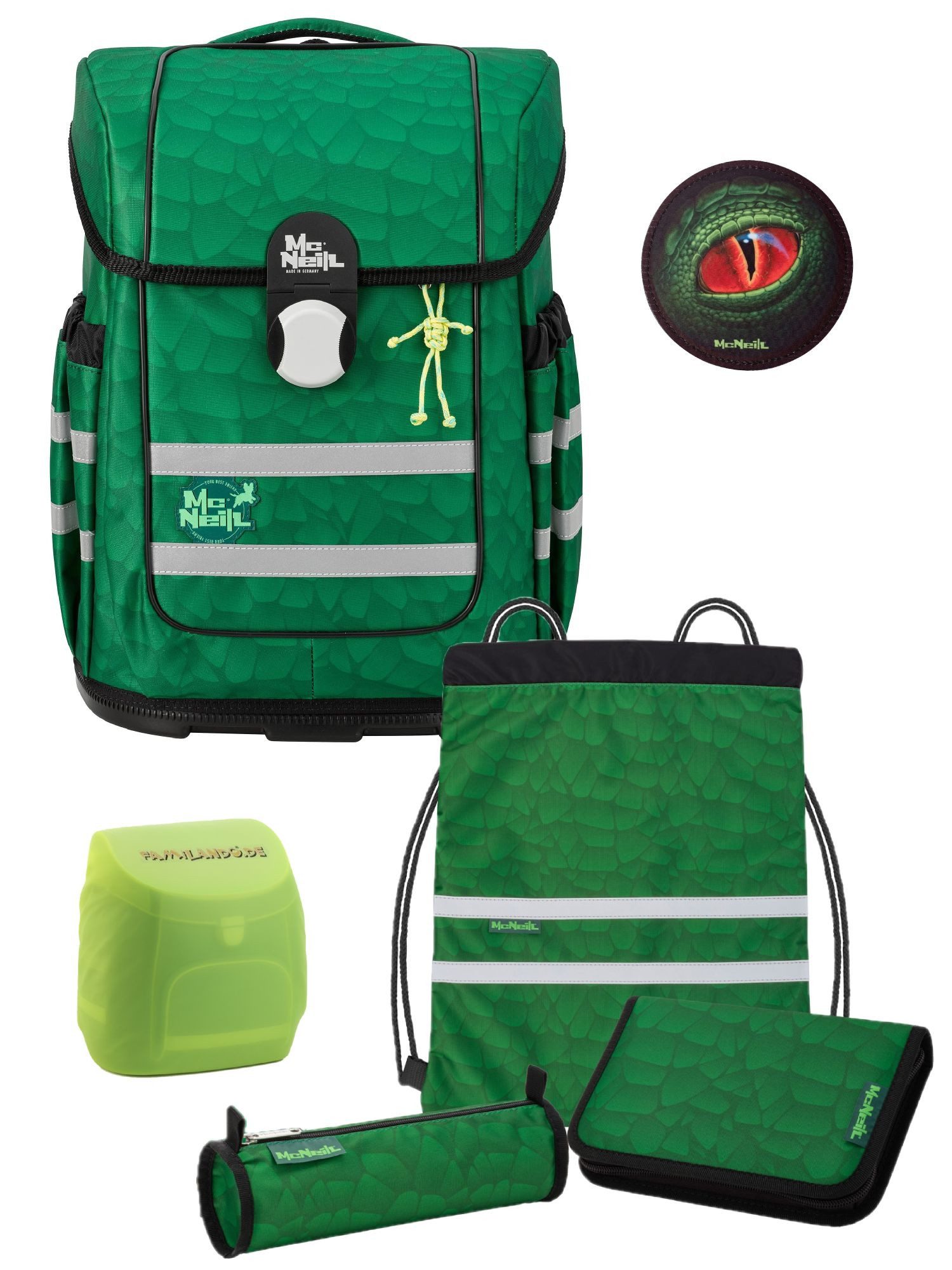 McNeill Schulranzen Ergo Complete Schulranzen Dino Drache grün Schultasche 1. Klasse (Set, 6-tlg., inkl. Federmäppchen, Turnbeutel, Schlamper und Motivmagnet), ergonomisch, in der Höhe verstellbar, mit Brustgurt & Hüftgurt