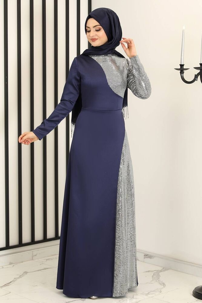 Blau Abaya Abiye Pailletten Paillettenkleid Maxikleid Damen mit Modavitrini Hijab Navy Abendkleid Kleid