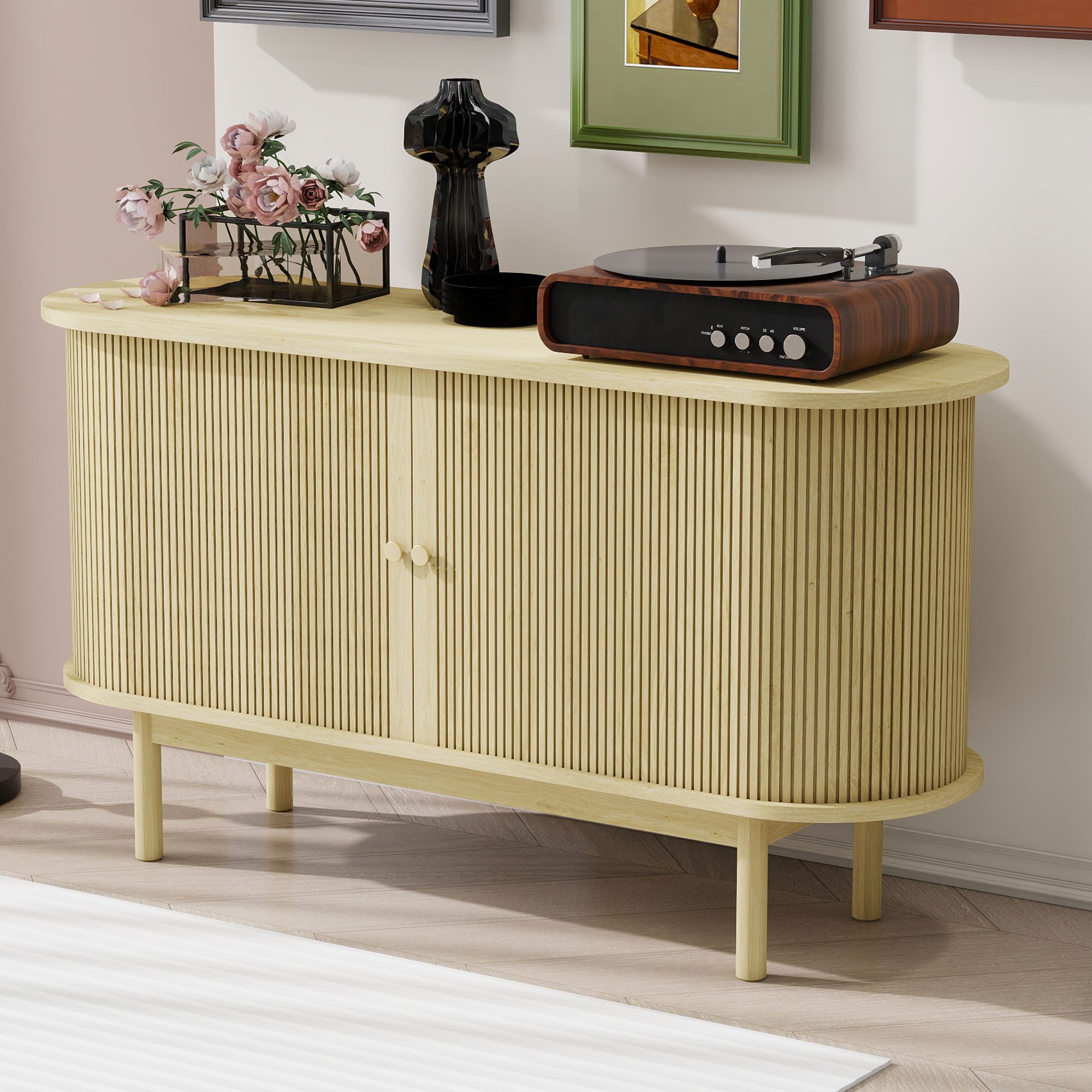 Furnishings Home Sideboard Modernes Anrichte Schrank mit verstellbaren Einlegeböden (fur Esszimmer, Küche, Flur), inkl. Schiebetüren und Kiefernholzbeinen