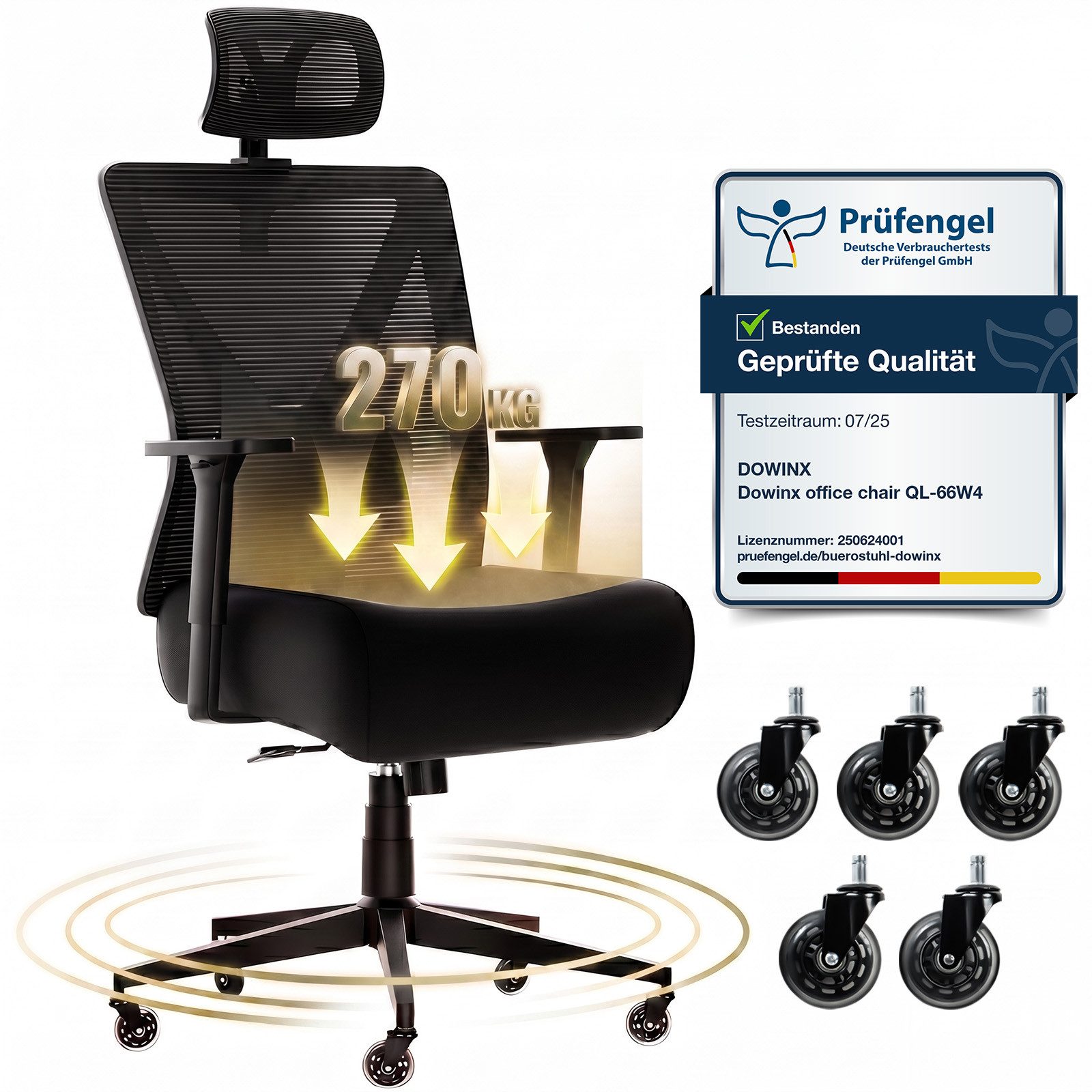 Dowinx Bürostuhl mit höhenverstellbarer Rückenlehne, Gaming-Stuhl 3D-Armlehnen (Packung), strapazierfähiger Schreibtischstuhl für bis zu 220 kg