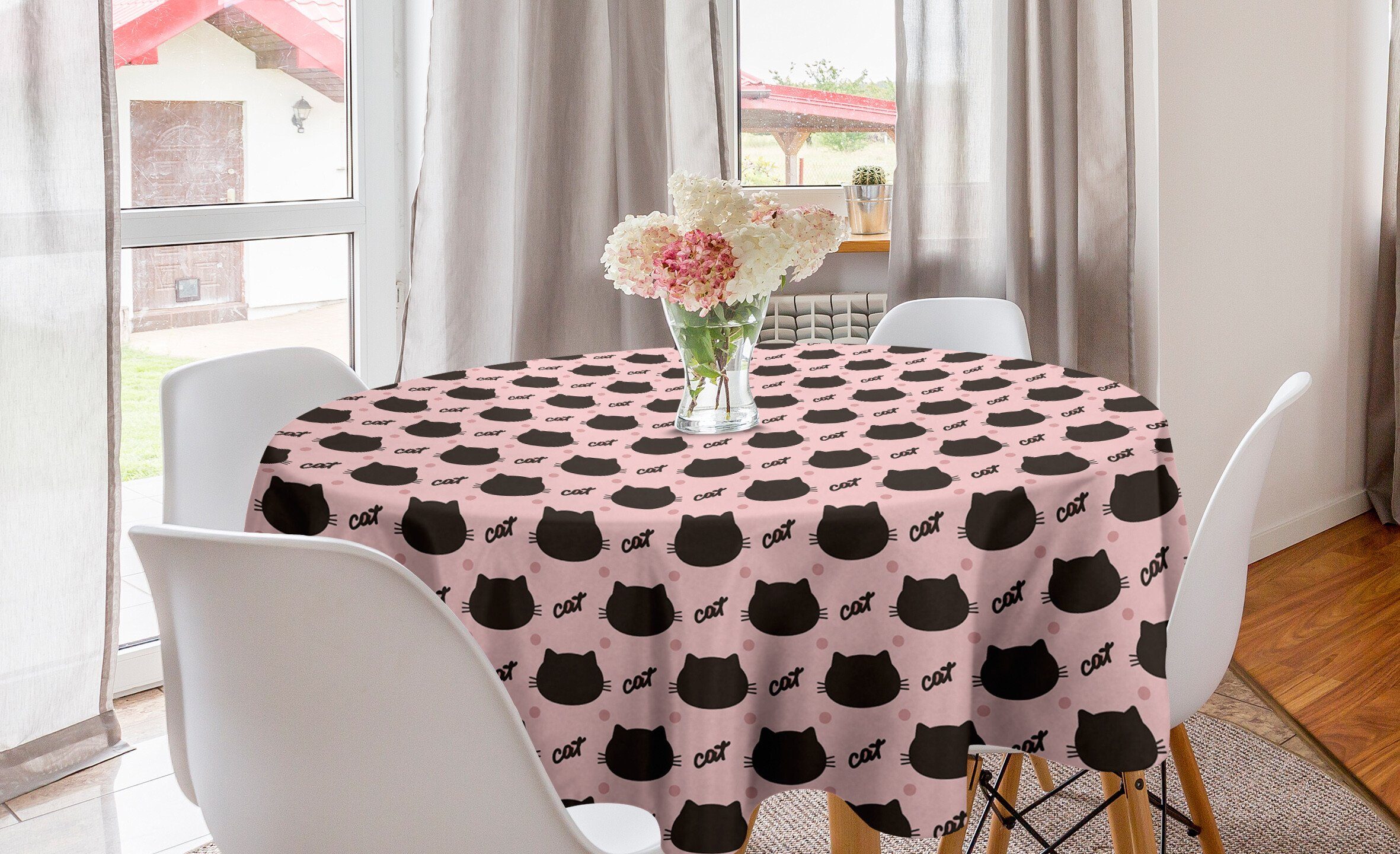 Abakuhaus Tischdecke Kreis Tischdecke Abdeckung für Esszimmer Küche Dekoration, Katze Kopf Silhouetten Dots Girly