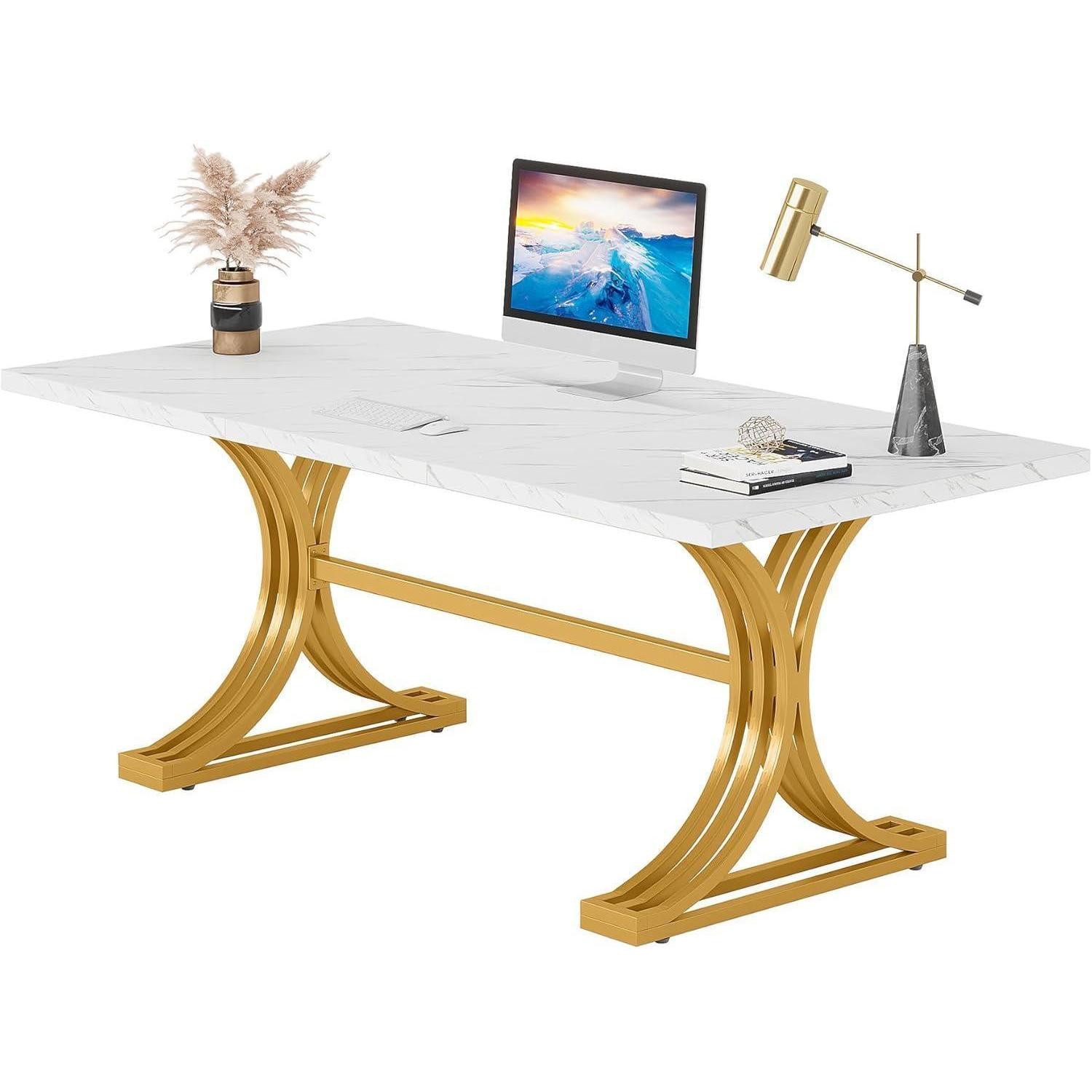 LuxusKollektion Schreibtisch Schreibtisch 160x80 cm weiß gold Kunstmarmor X-Gestell