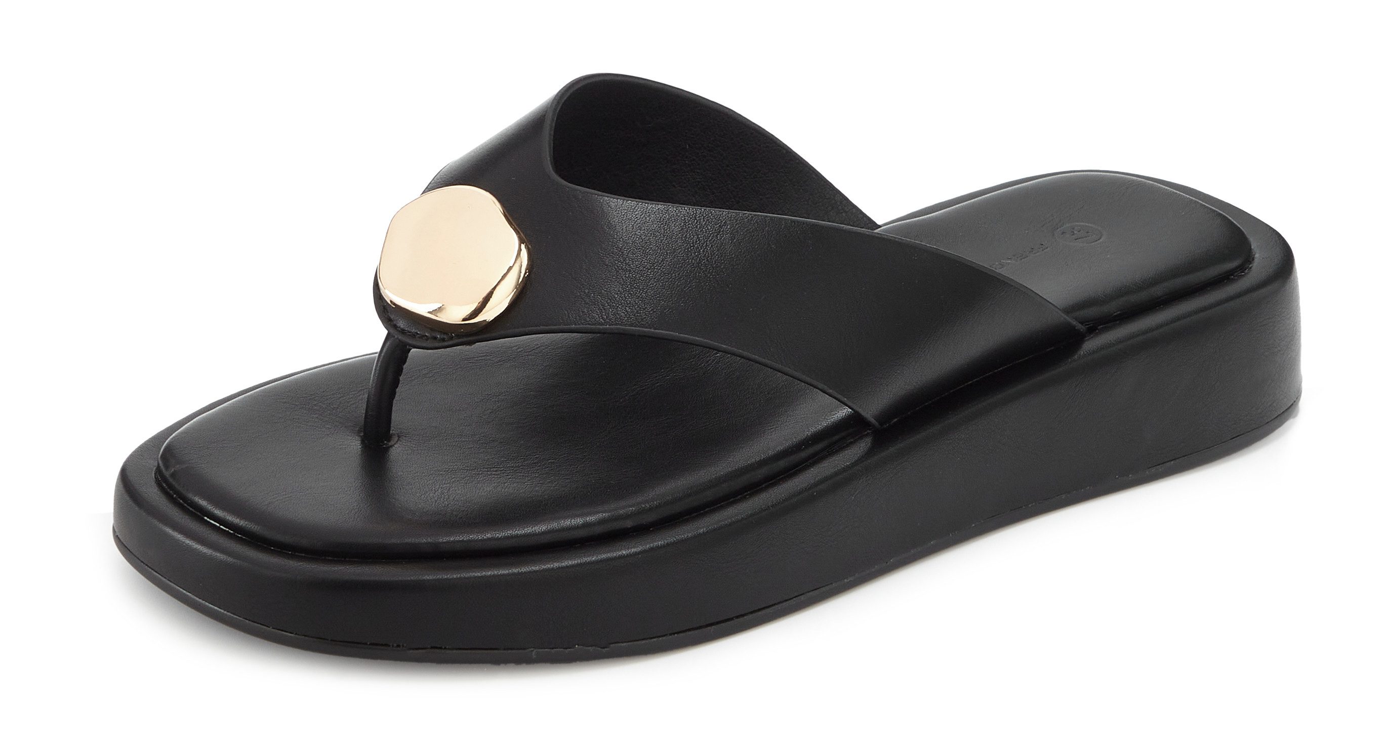 French Connection Sandale, Pantolette, offener Schuh, Sommerschuhe Zehentrenner NEU mit goldfarbenem Schmuckelement und bequemer Sohle VEGAN