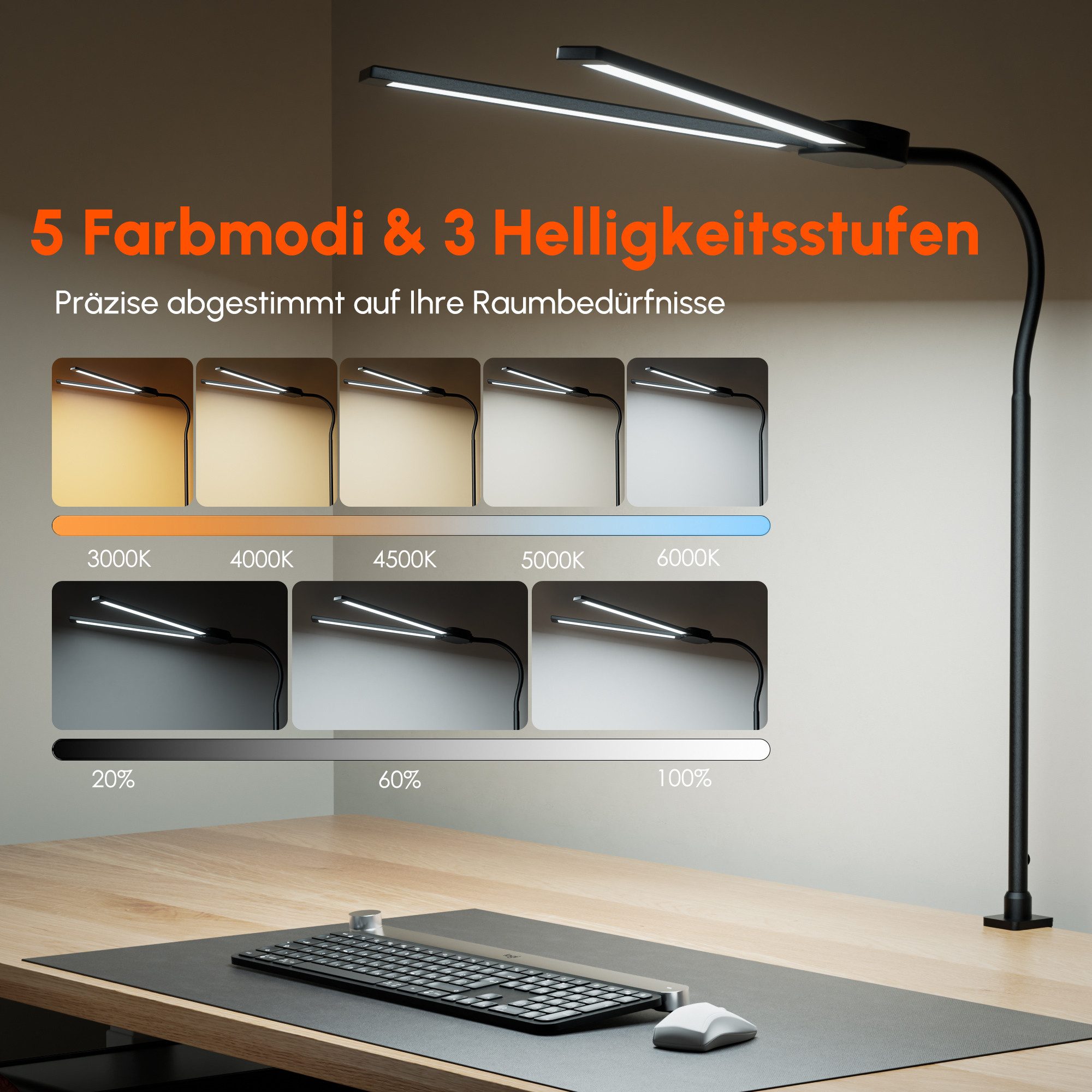 Elegear LED Schreibtischlampe LED Schreibtischlampe Dimmbar Doppelkopf klemmbar für Home Office, LED fest integriert, weißes Licht 5500-6000K warmes Licht 3200-3500K bernsteinfarbenes Licht 1200-1300K, 2835 LED-Lampenkugeln mit hoher Helligkeit,Energiesparen,Augenschutz