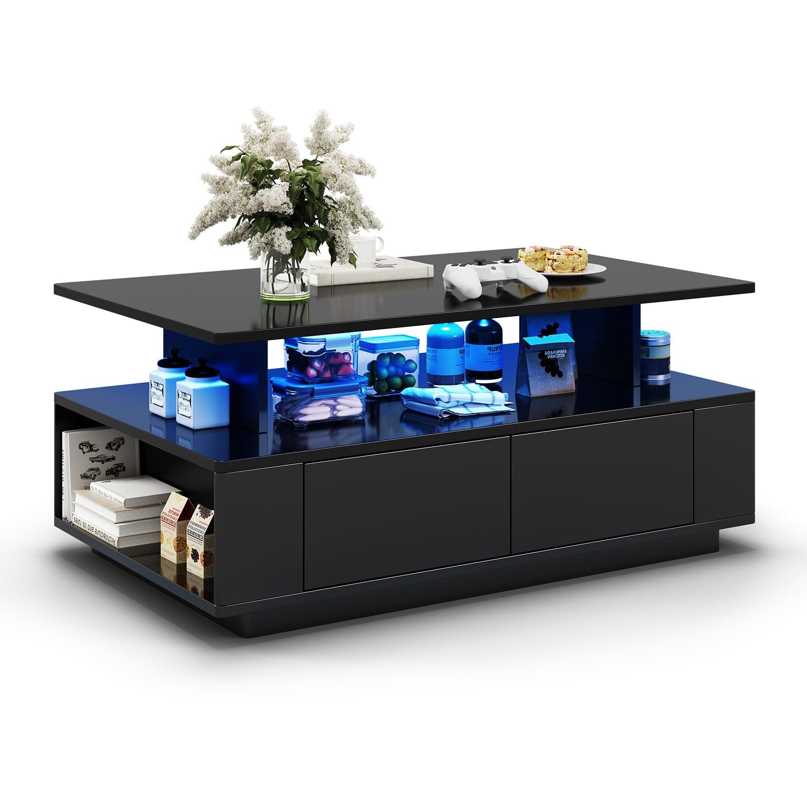 Dripex Couchtisch Couchtisch mit Stauraum Hochglanz Weiß 90x40x55 cm mit LED