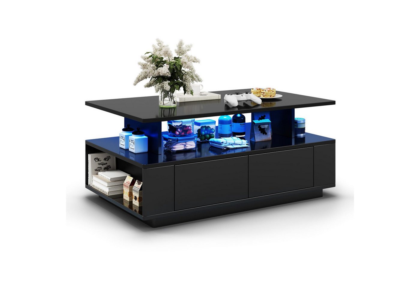 Dripex Couchtisch Couchtisch mit Stauraum Hochglanz Weiß 90x40x55 cm mit LED