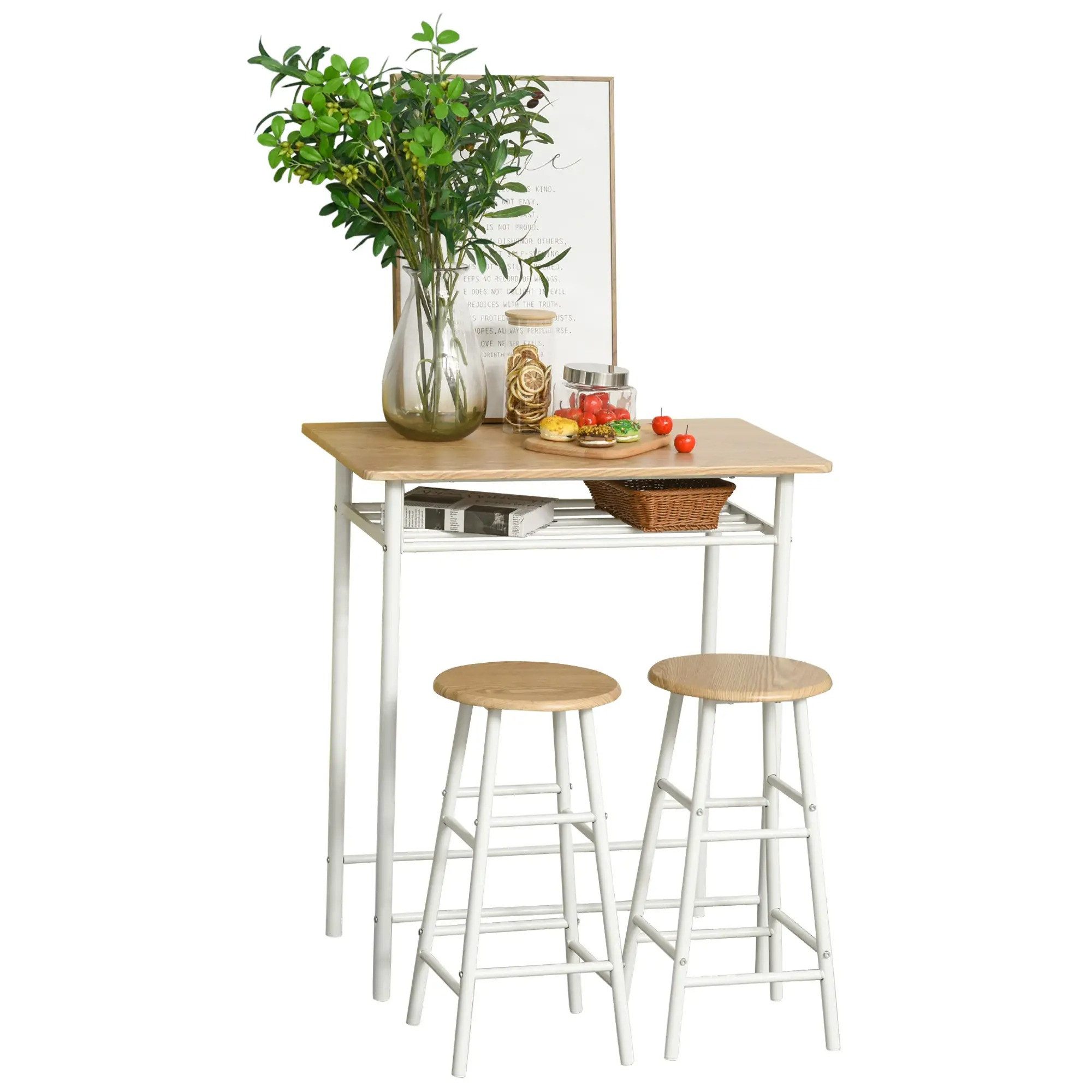 BlingBin Bargruppe 3-teilig Bargarnitur Essgruppe Bartisch-Set Stehtisch Sitzgruppe, (Belastbarkeit: 70 kg (Tisch), 100 kg (Hocker), 3-tlg., Gesamtmaße: 80L x 50B x 90H cm (Tisch), Ø30 x 60H cm (Hocker), Küchentisch mit Lagerregal Esstisch für Esszimmer, Küche, Weiß