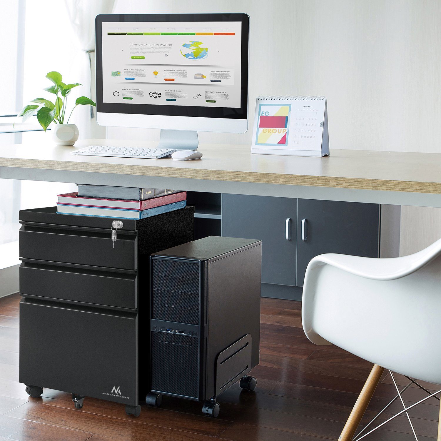 Maclean Rollcontainer MC-850 Büro Rollcontainer mit Schloss – 3 Schubladen, Metall, für A4 Ordner, 39x64x50 cm