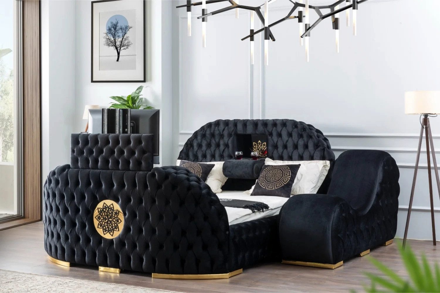 Bermo Home Bettgestell Tesla (Set, Bettgestell mit Chesterfield-Kopfteil & el. TV-Lift im Fußteil), elektrischem TV-Lift im Fußteil