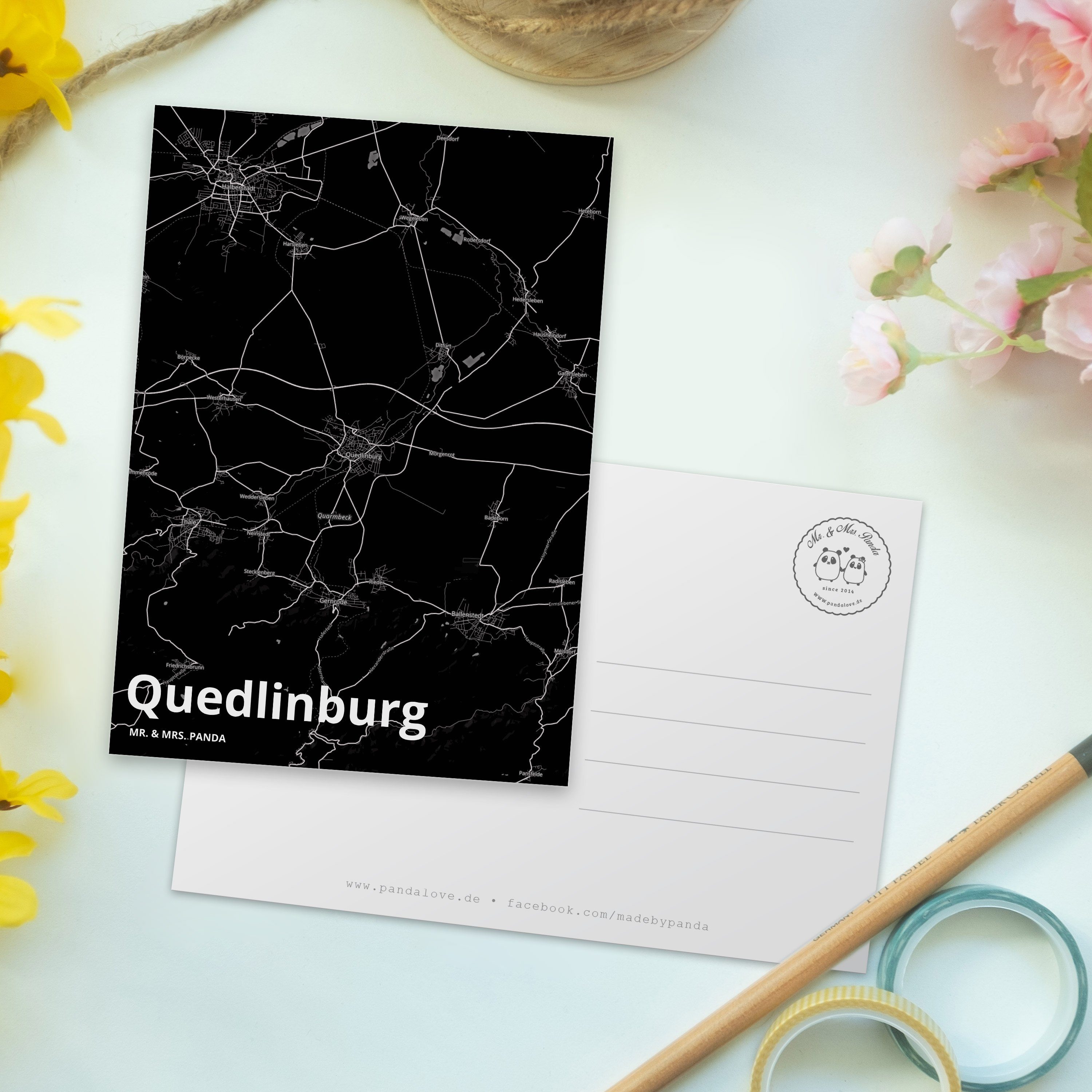 Panda St Dankeskarte, Geschenk, Dorf, Postkarte Mr. - & Quedlinburg Mrs. Einladungskarte, Stadt,