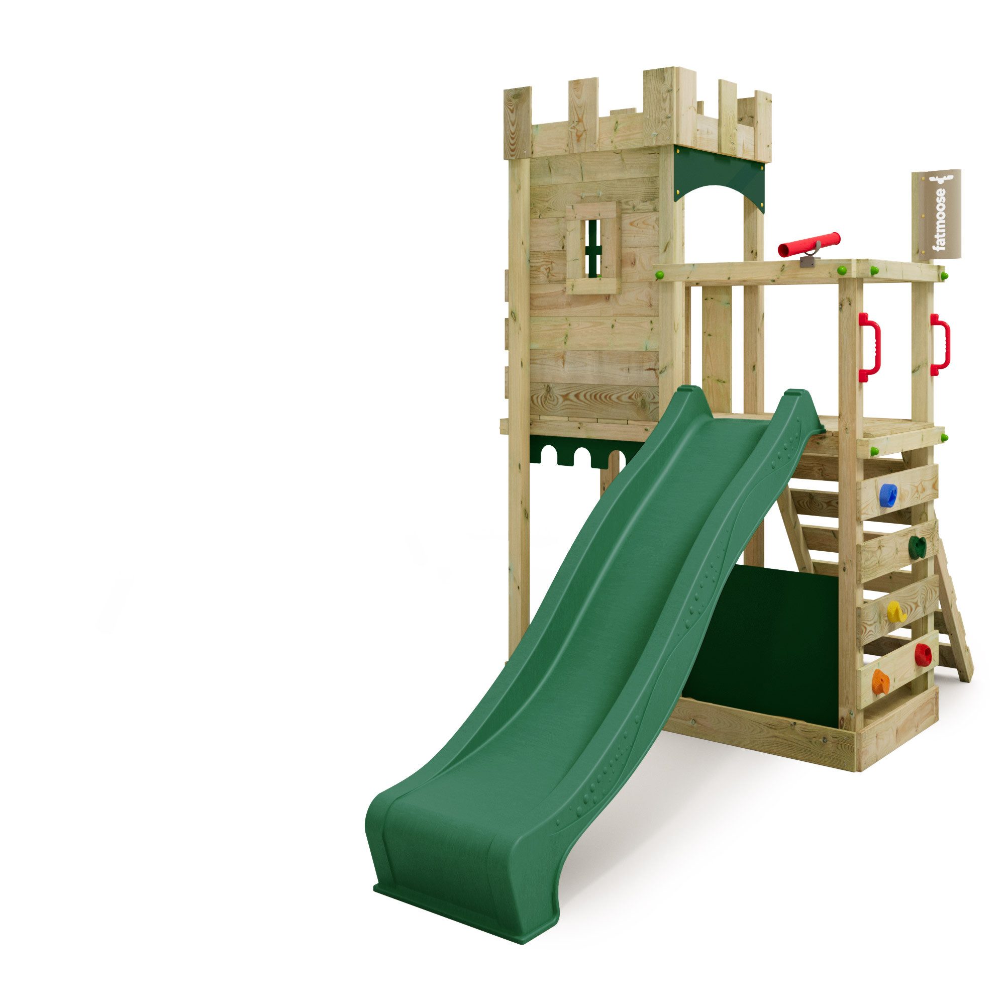 FATMOOSE Klettergerüst BoldBaron Boost – Ritterburg mit Wellenrutsche & Kletterwand, (Abenteuer-Spielturm - kreativer Outdoor-Spielspaß, mit Zinnendach, Sandkasten & Kletterleiter), langlebig & sicher - 10 Jahre Garantie*