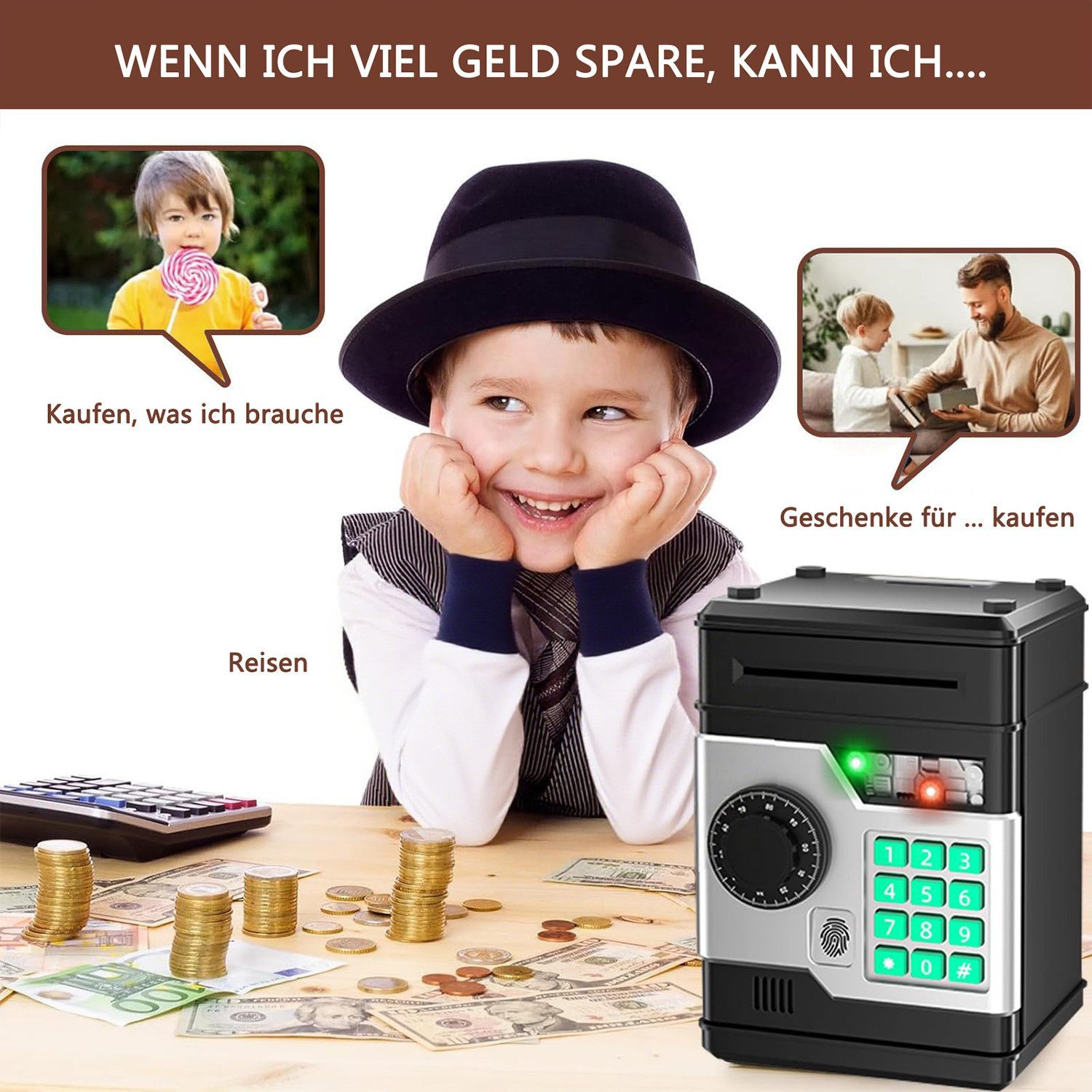 Minicloss Spardose Elektronisches Sparschwein, Geldtresor, Mini-Safe, Geldautomat, Fingerabdruck-Entsperrung Passwort Spardose Kinder