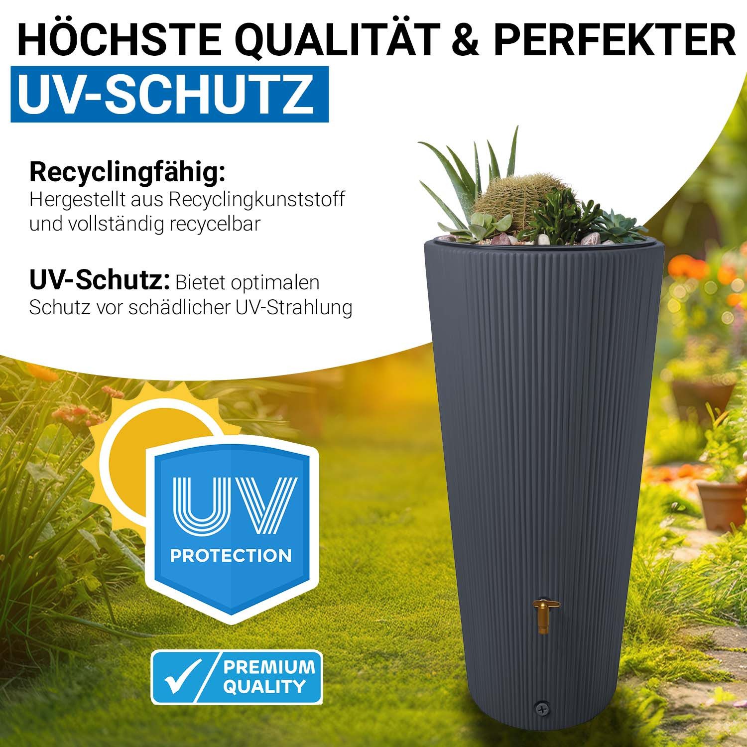 4rain Rain Barrel VASO 2in1 DECOR Rainwater Storage Complete Set 220 L, graphite grey