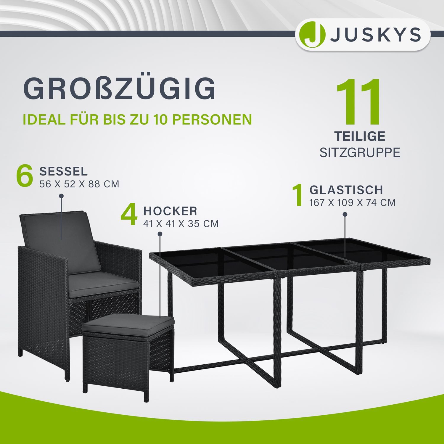 Juskys Garten-Essgruppe Baracoa, (Sitzgruppe), Polyrattan Gartenmöbel Set 11 teilig aus wetterfestem Material