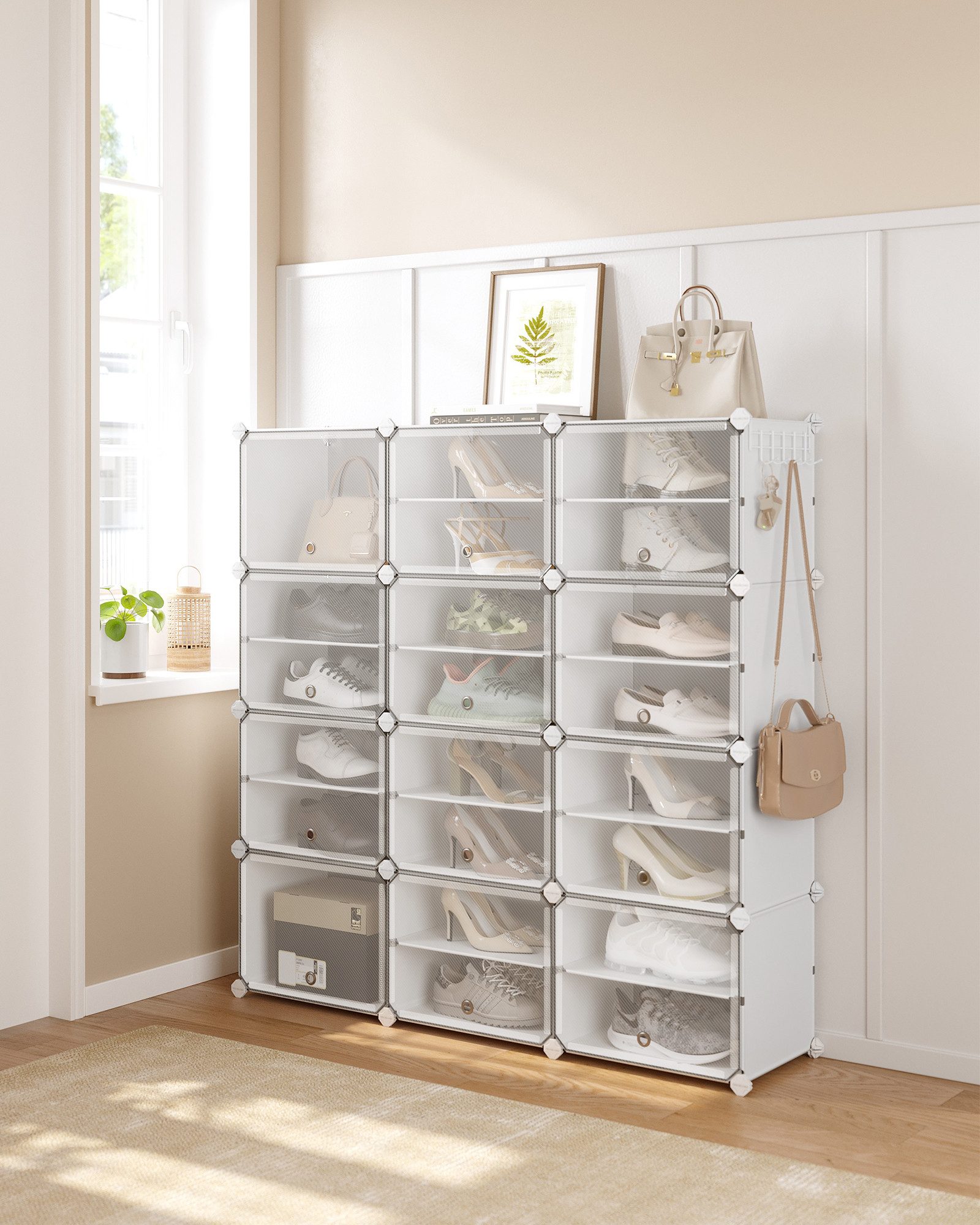 SONGMICS Schuhregal Schuhschrank, 30 x 40 x 30 cm pro Fach, für Flur, Eingangsbereich, mit 12 Fächern, mit Türen, für bis zu 48 Paar Schuhe, anpassbar