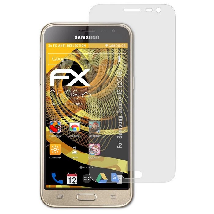 atFoliX Schutzfolie für Samsung Galaxy J3 (2016) (3 Folien) Entspiegelnd und stoßdämpfend