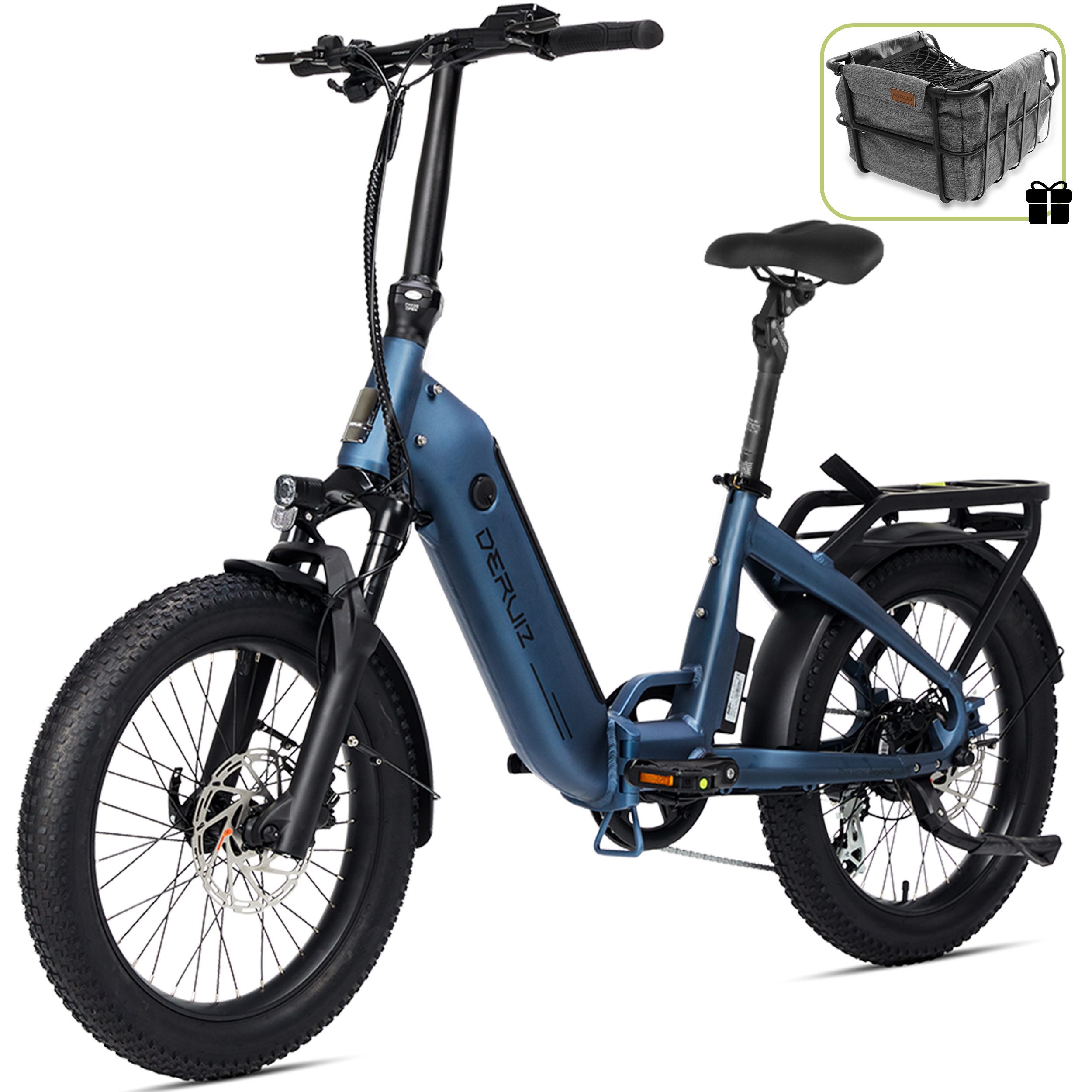 DERUIZ E-Bike Faltrad 20 Zoll, max. 140km, Federsattelstütze, mit Bluetooth, 5 Stufen, 8 Gang SHIMANO SHIMANO ALTUS 11-32T Schaltwerk, Kettenschaltung, Heckmotor, 500 Wh, (mit Akku-Ladegerät, mit Werkzeug), RH:36cm, Bremslicht, Gepäckträger (max.50kg), hydraulische Bremsen
