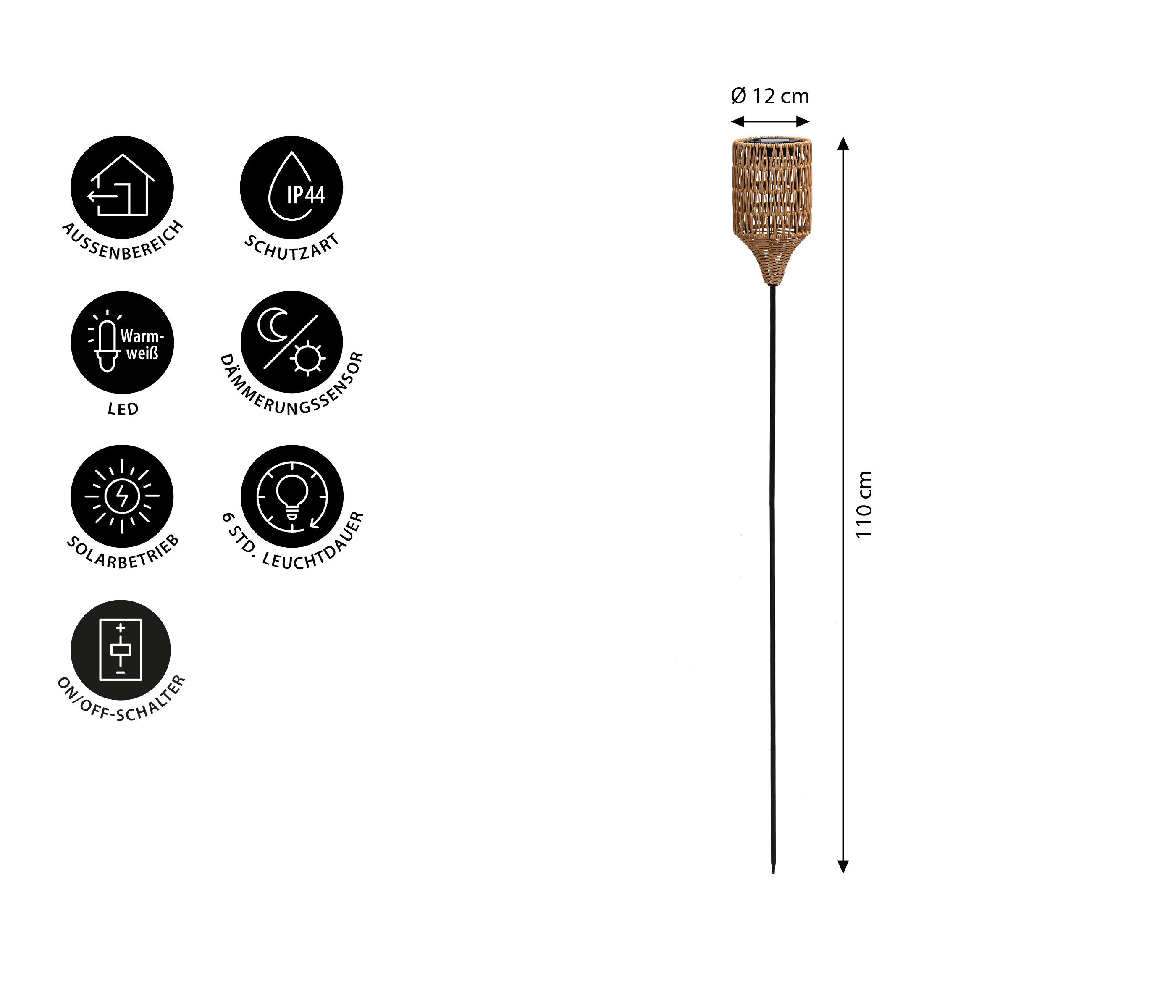 Dehner LED Solarleuchte Solarstab Mila, Lichtfarbe warmweiß, Ø 12 cm, Höhe 110 cm, Warmweiß, Gartenfackel im Boho-Stil aus Kunststoffgeflecht
